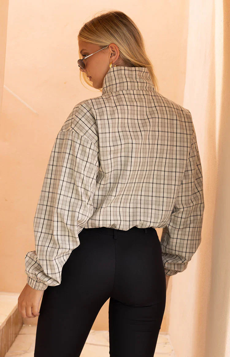 Lee Beige Plaid Funnel Neck Jacket PRE ORDER