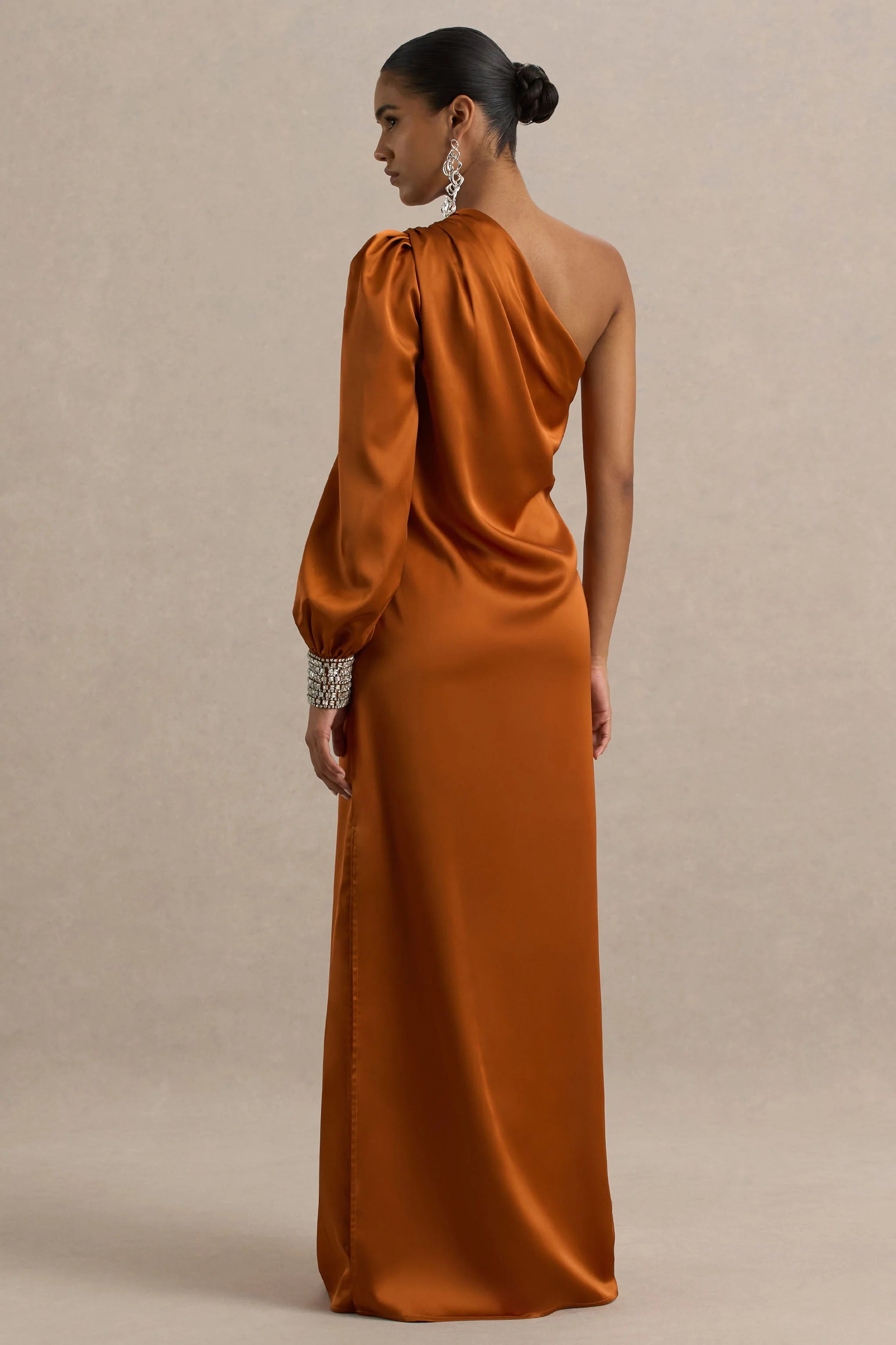 Thelma Orange Satin Asymmetric Maxi Dress With One Sleeve