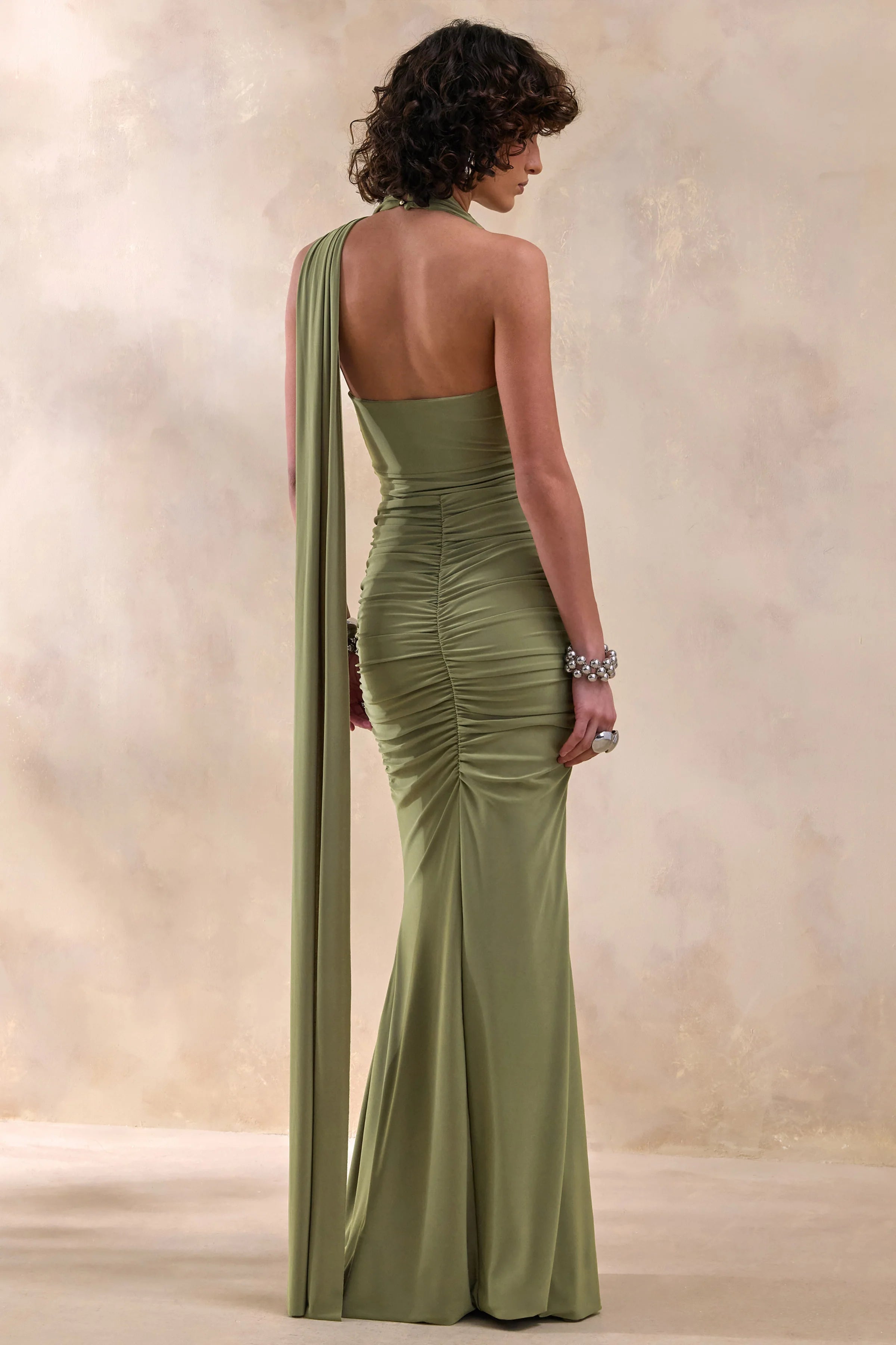 Roselani Olive Halter Neck Maxi Dress With Open Back