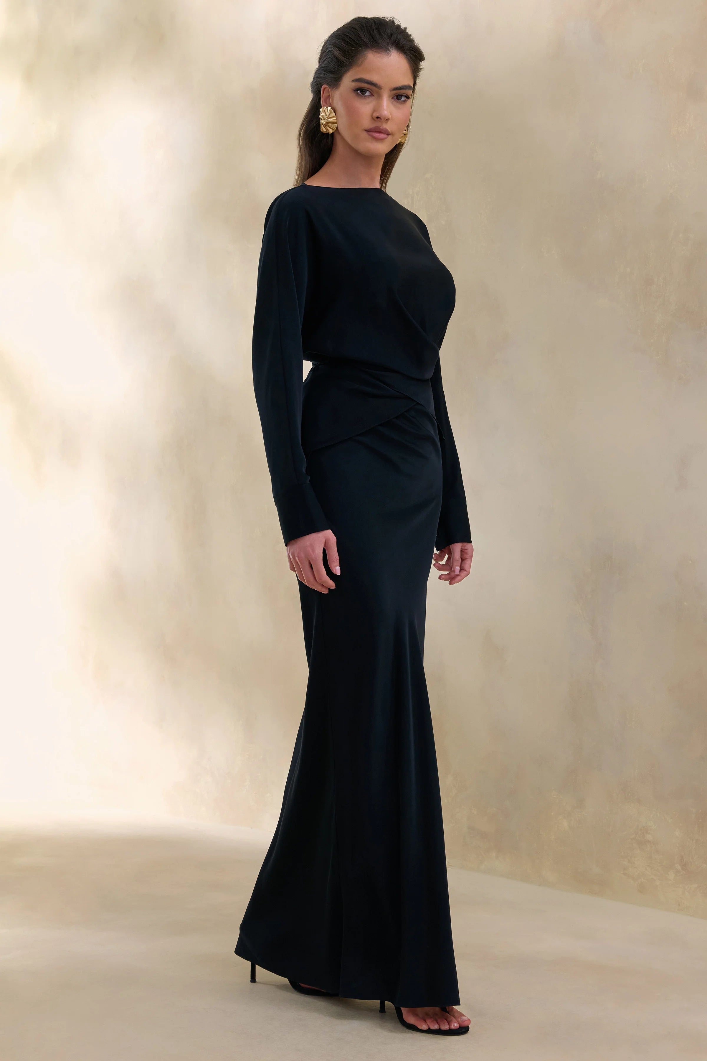 Elaria Black Satin Maxi Skirt