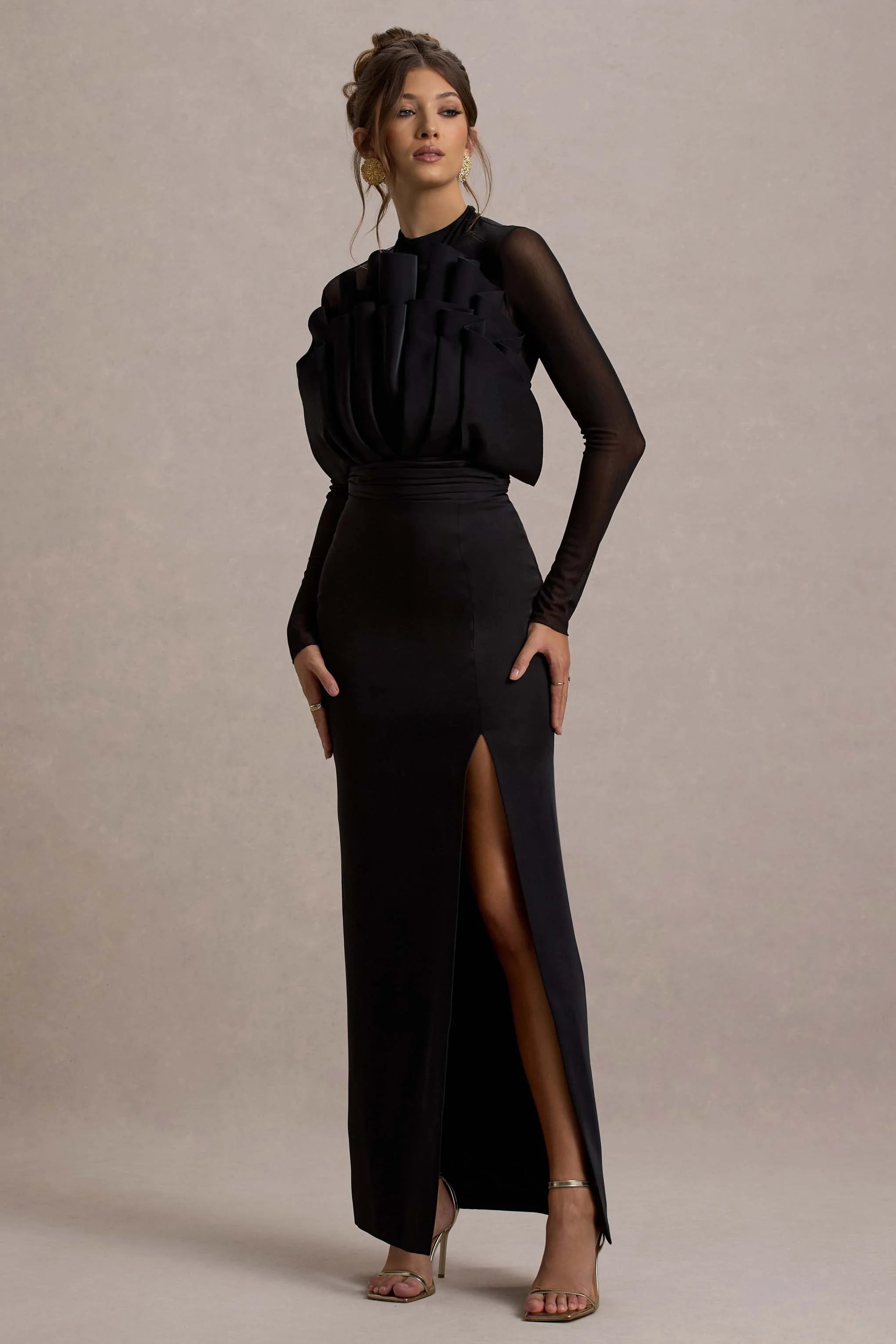 Alder Black Mesh Long Sleeve Ruffled Split Maxi Dress