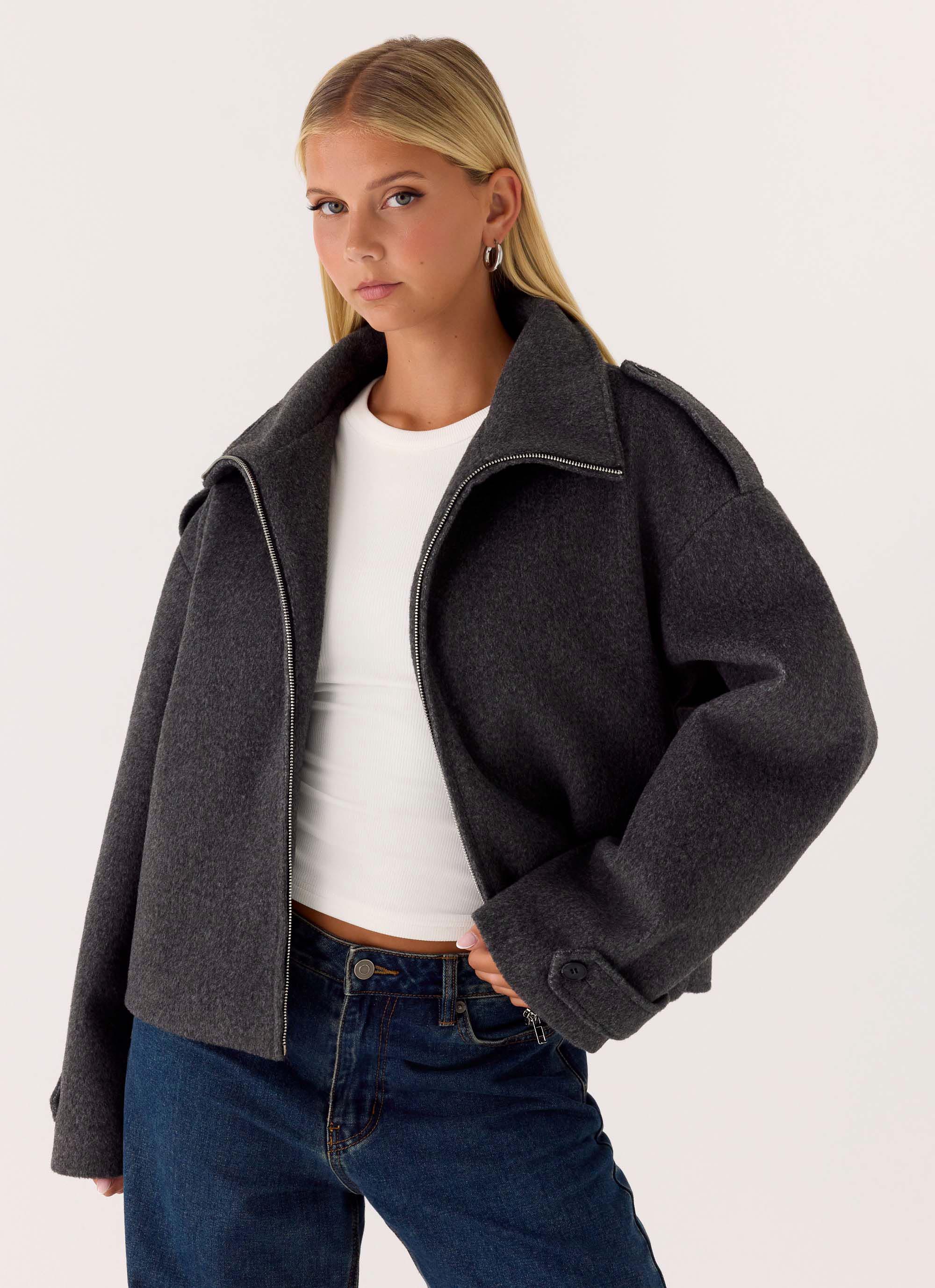 Kaiden Faux Wool Bomber Jacket Charcoal
