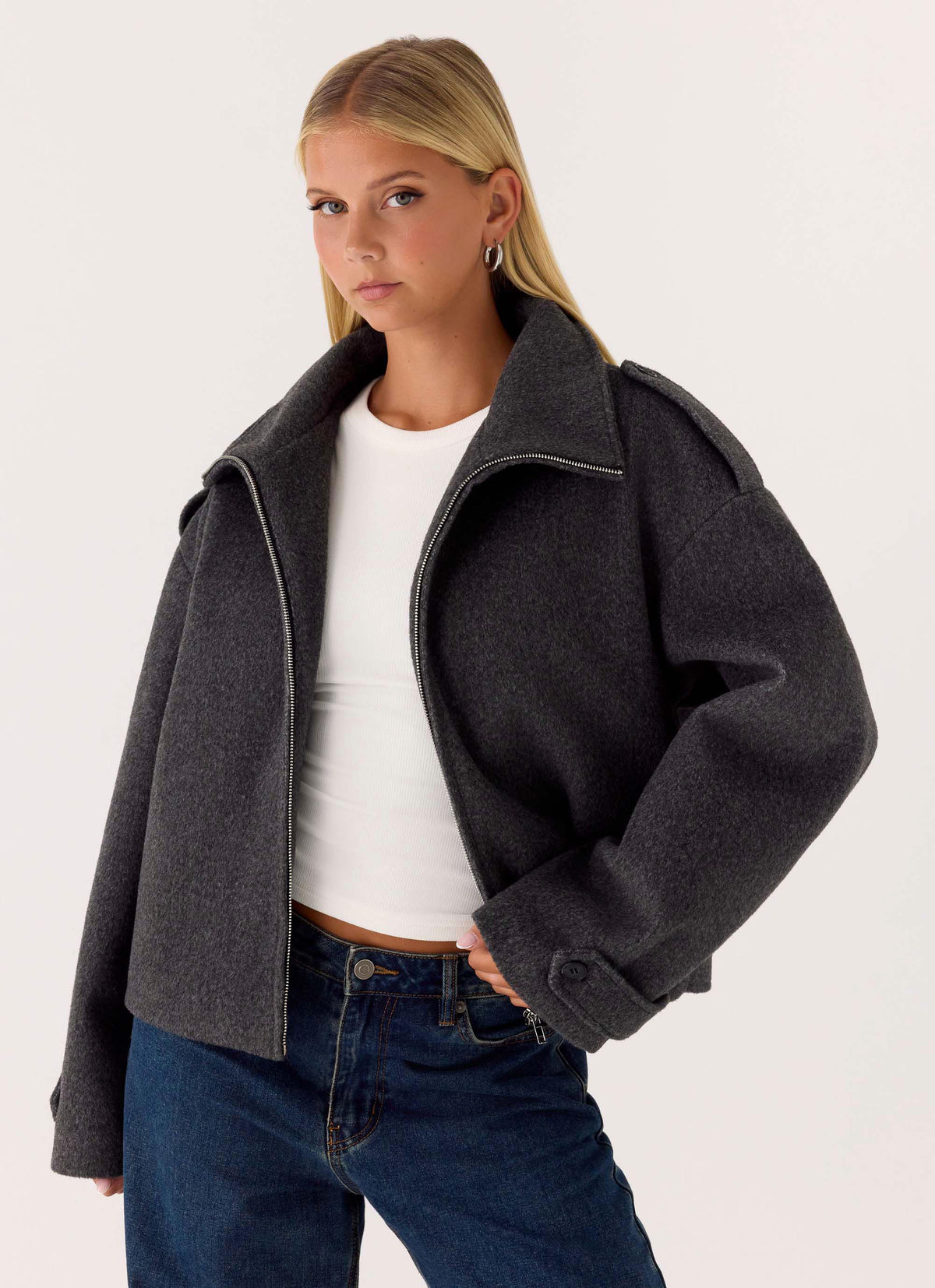 Kaiden Faux Wool Bomber Jacket Charcoal