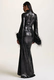 Cosmic Star Black Sequin High Neck Maxi Dress With Feather Cuffs