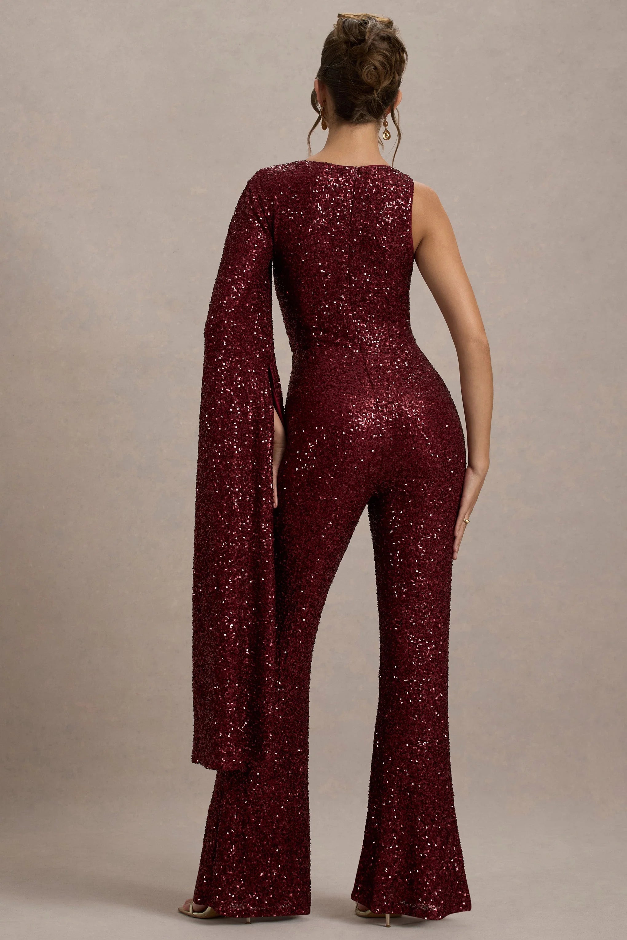 Star Seeker Port Sequin One Shoulder Cape Sleeve Jumpsuit