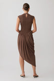 Nola Shirred Asymmetric Midi Dress Mocha