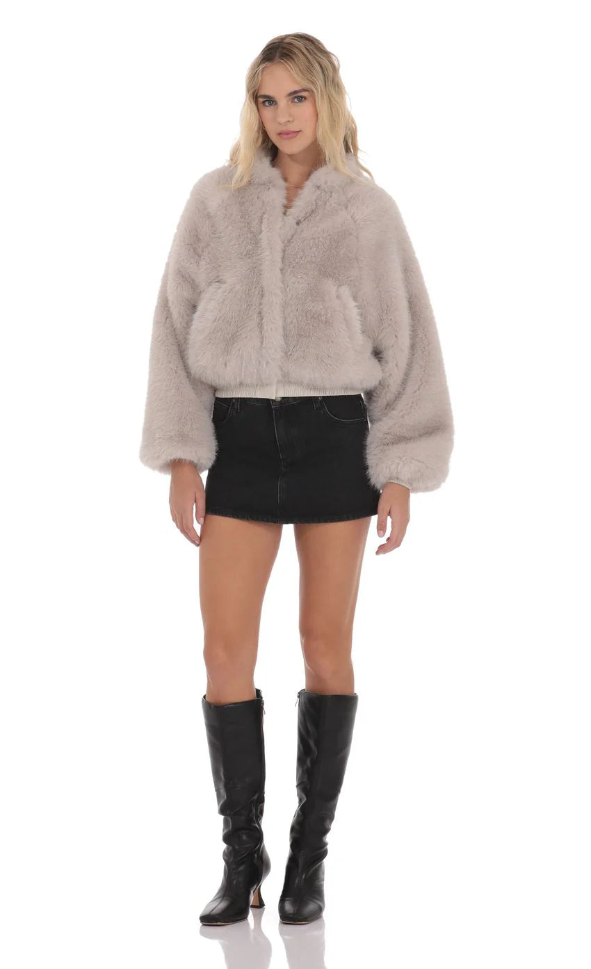 Faux Fur Bomber Jacket in Soft Taupe