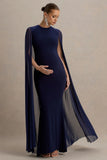 Currant Navy Crew Neck Maternity Maxi Dress With Cape