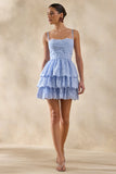 Winona Powder Blue Lace Square Neck Mini Dress With Ruffled Detailing