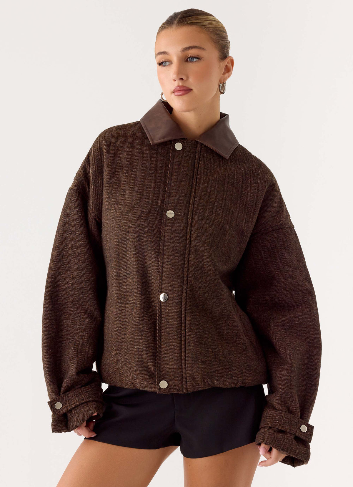 Myles Herringbone Bomber Jacket Chocolate Herringbone