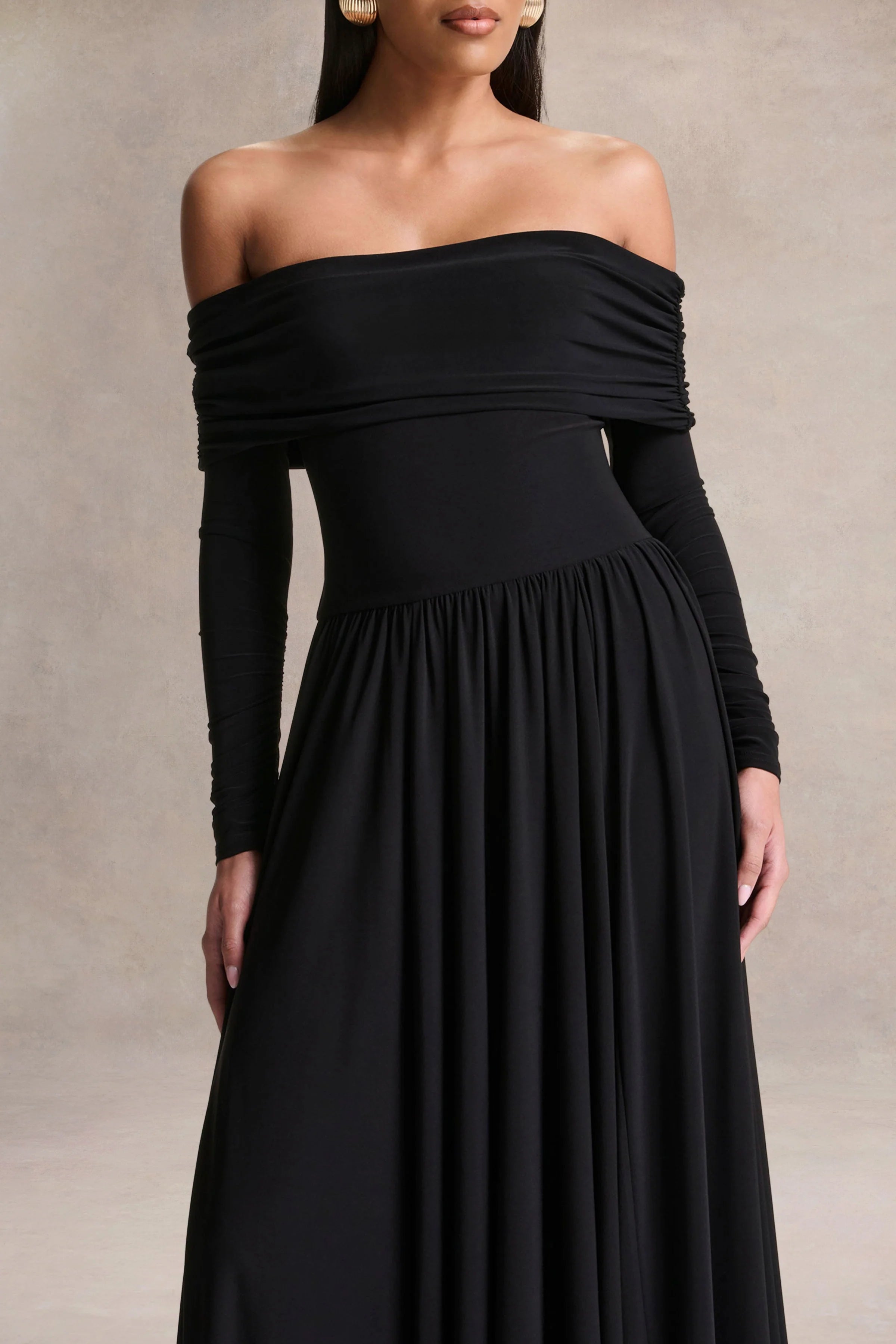 Saskia Black Bardot Neck Maxi Dress