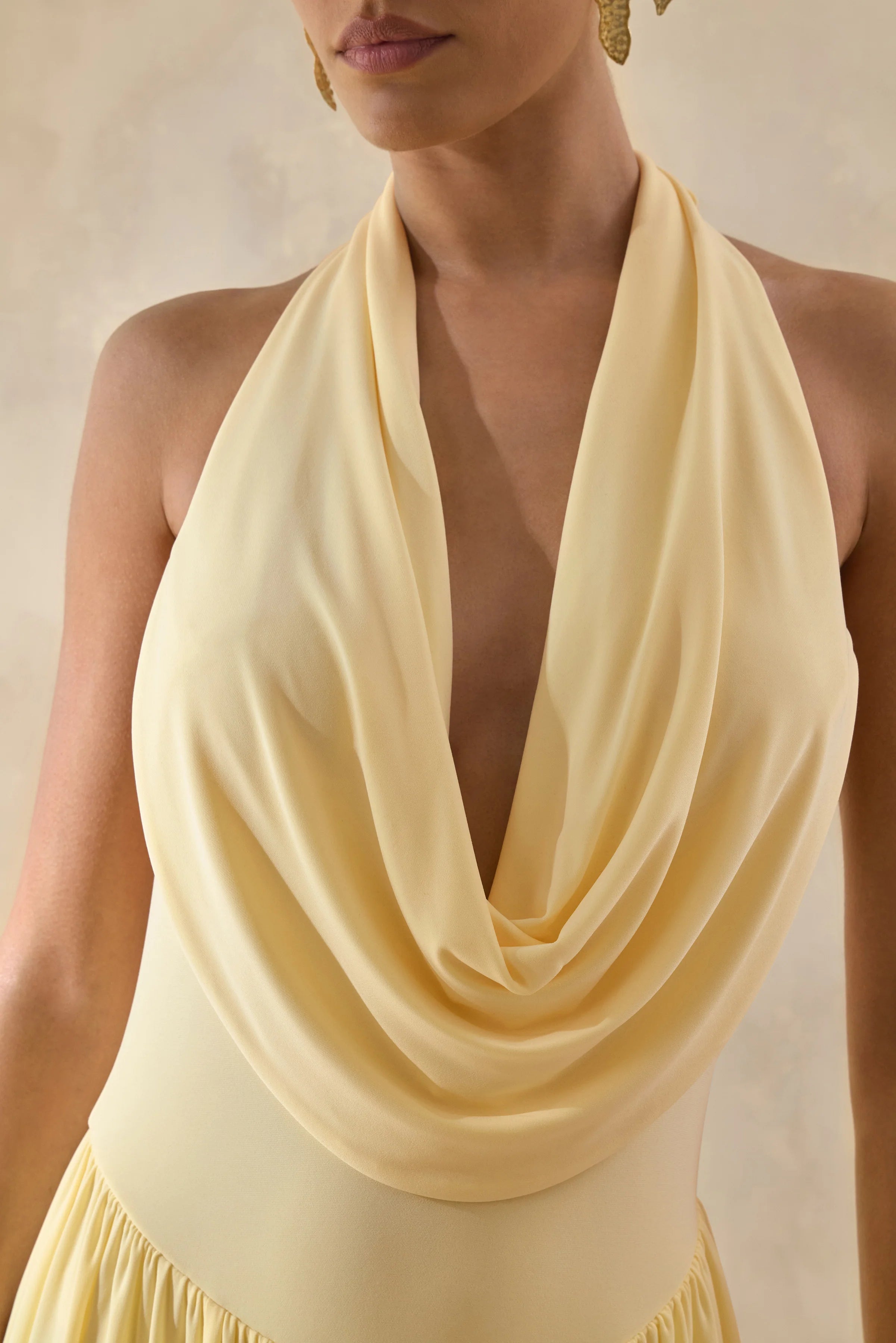 Veyra Lemon Plunge Cowl Neck Midi Dress
