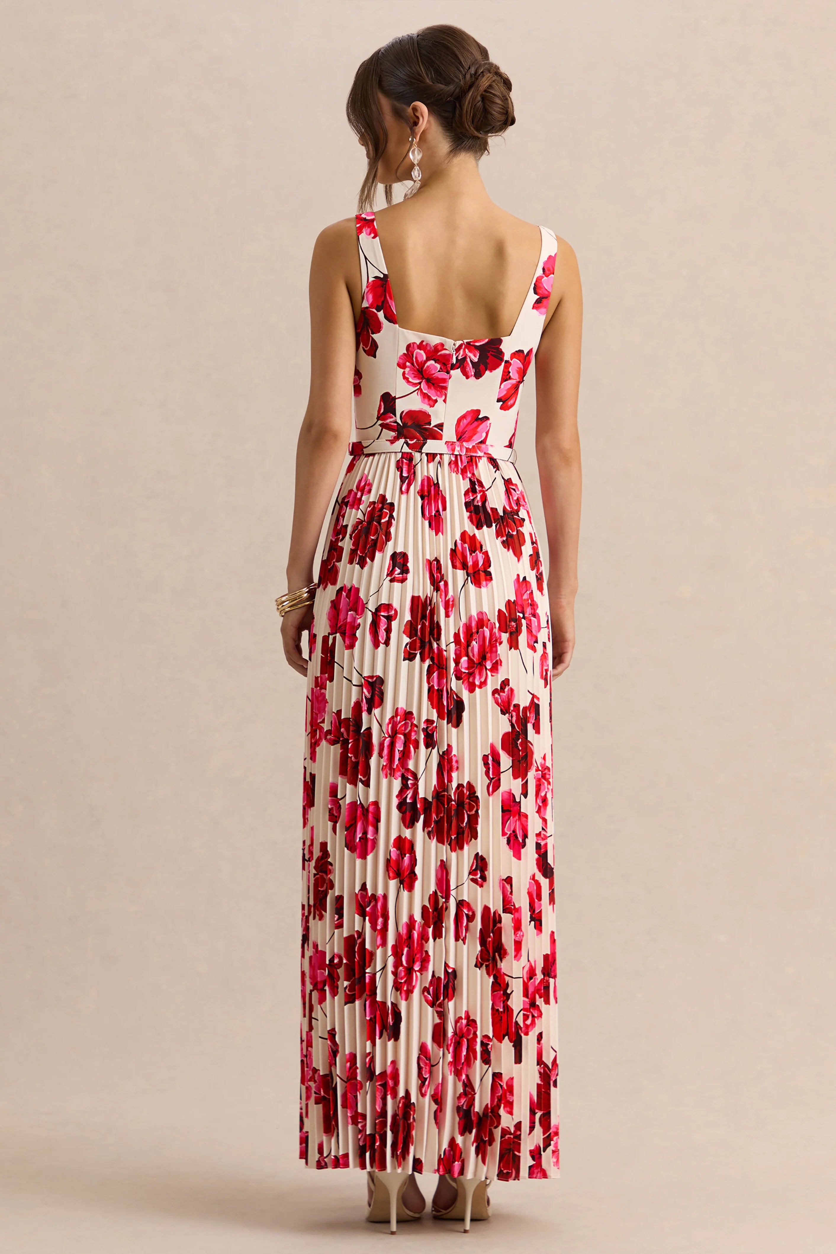 Danika Hot Pink Floral Print Square Neck Belted Maxi Dress With Pleated Skirt