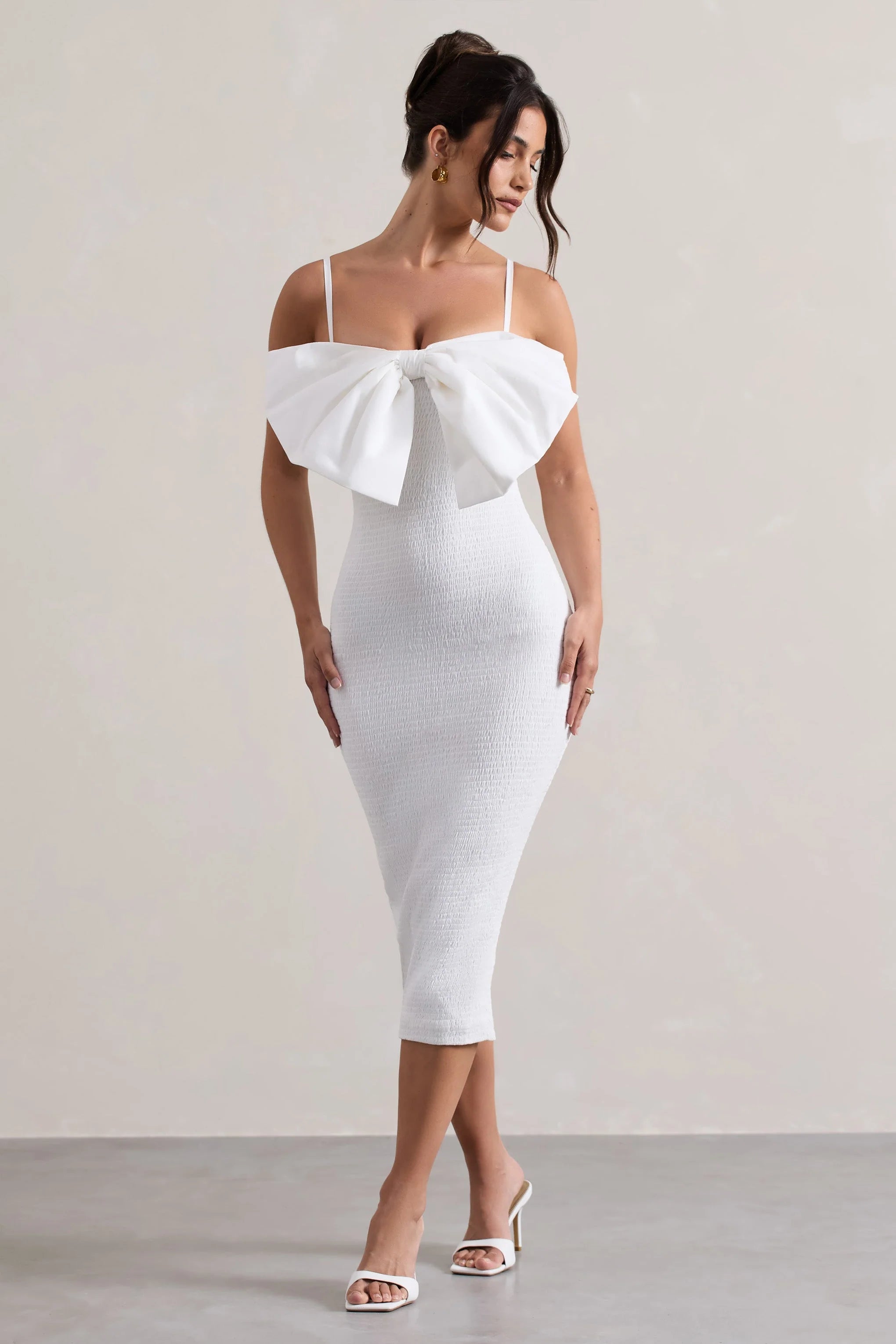Love Poem White Bodycon Midi Dress With Oversized Bow