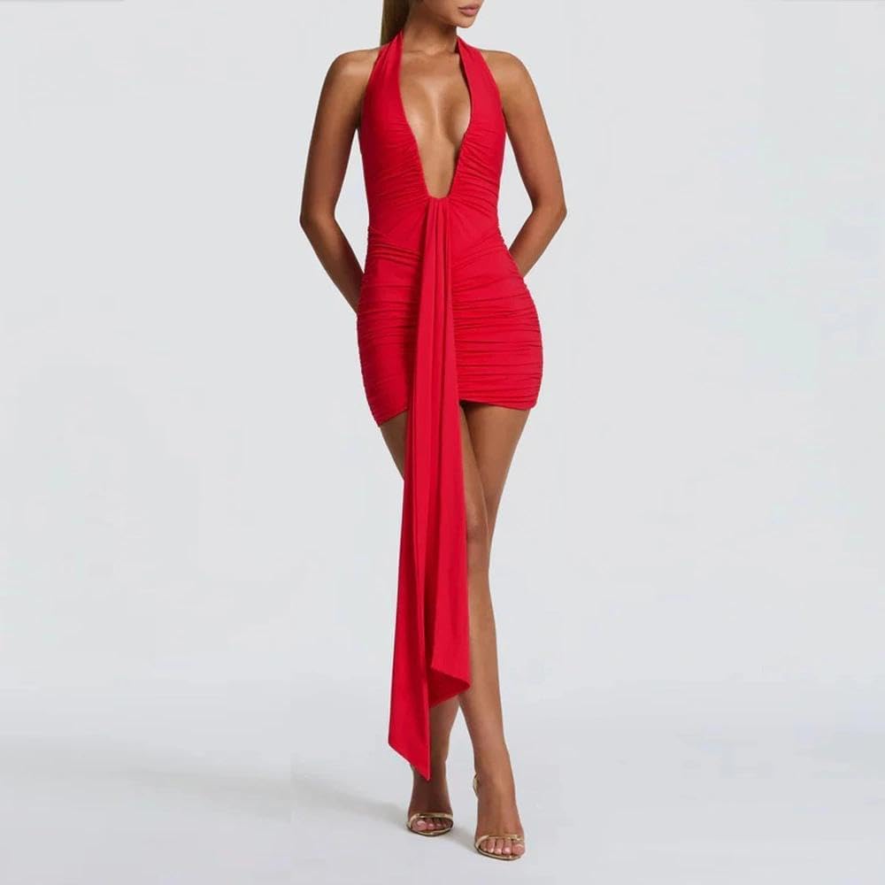 Women Deep V Neck Ruched Mini Dresses Backless Halter Dress Party Club Night