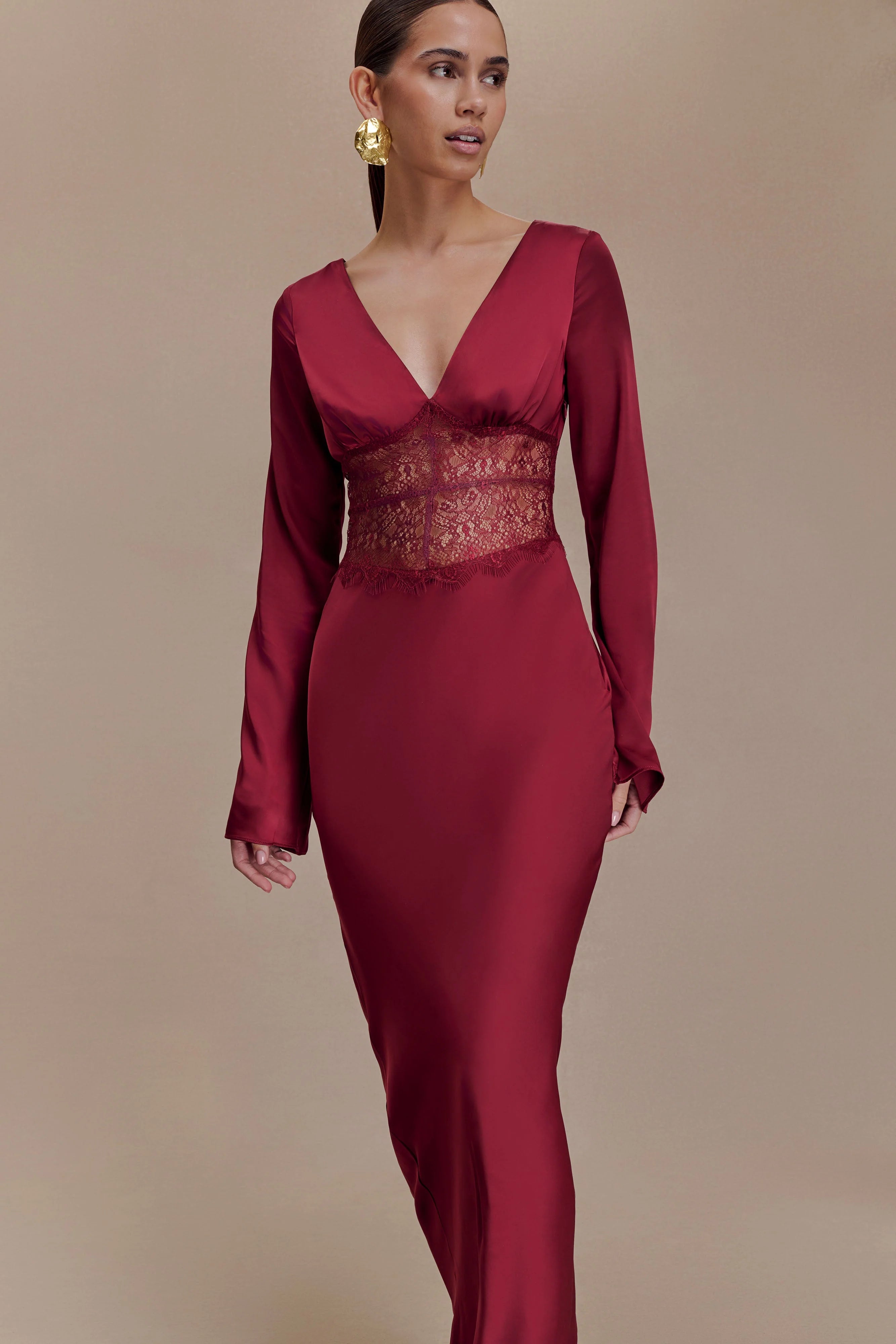Kaya Long Sleeve Satin And Mesh Maxi Dress Wine