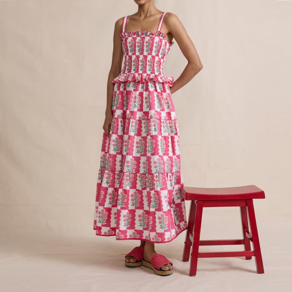 Women Floral Maxi Dress Sleeveless Smocked Ruffle Flowy Boho Sundress with Pockets Summer Vacation