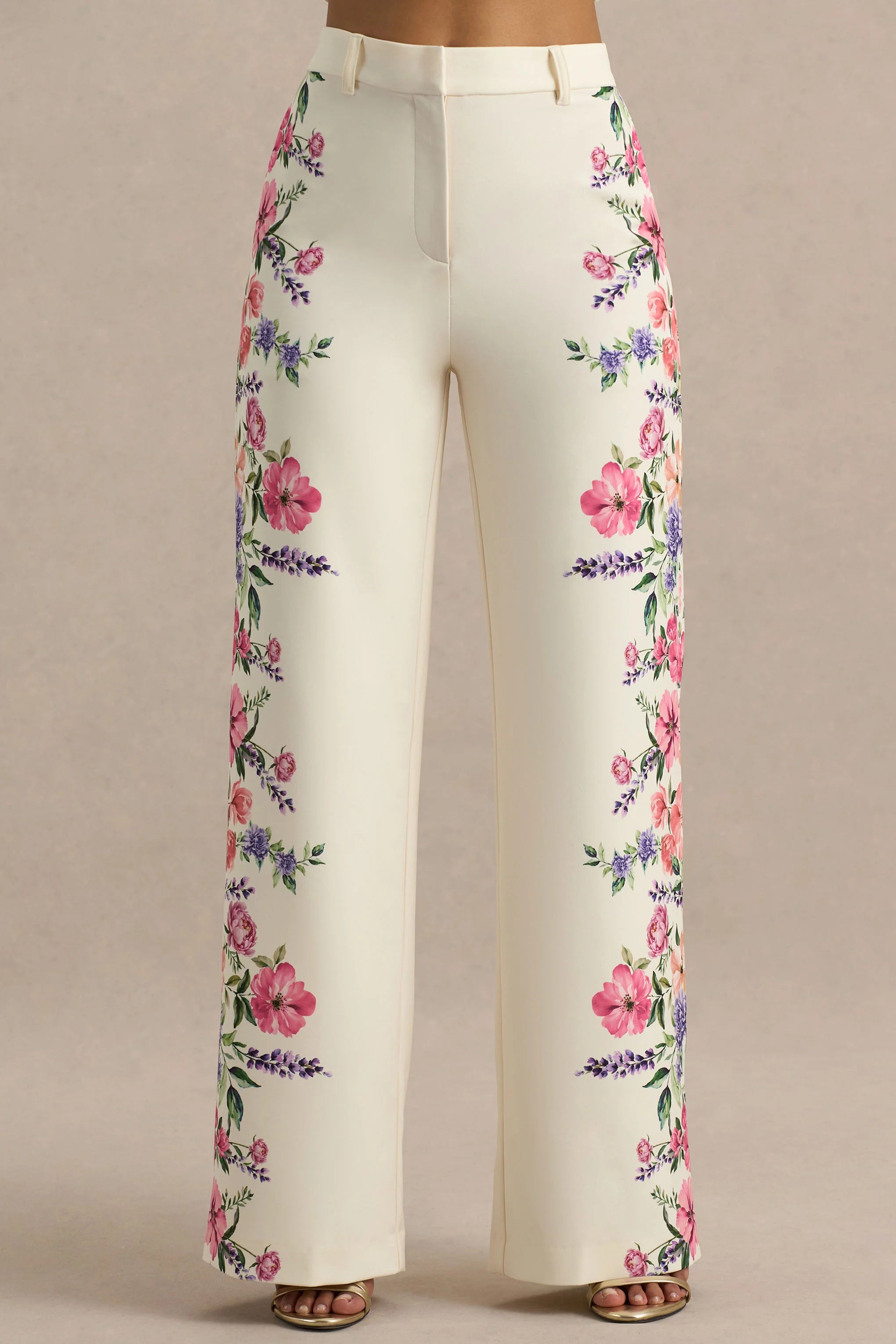 Solana White Floral Border Print Wide Leg Trousers