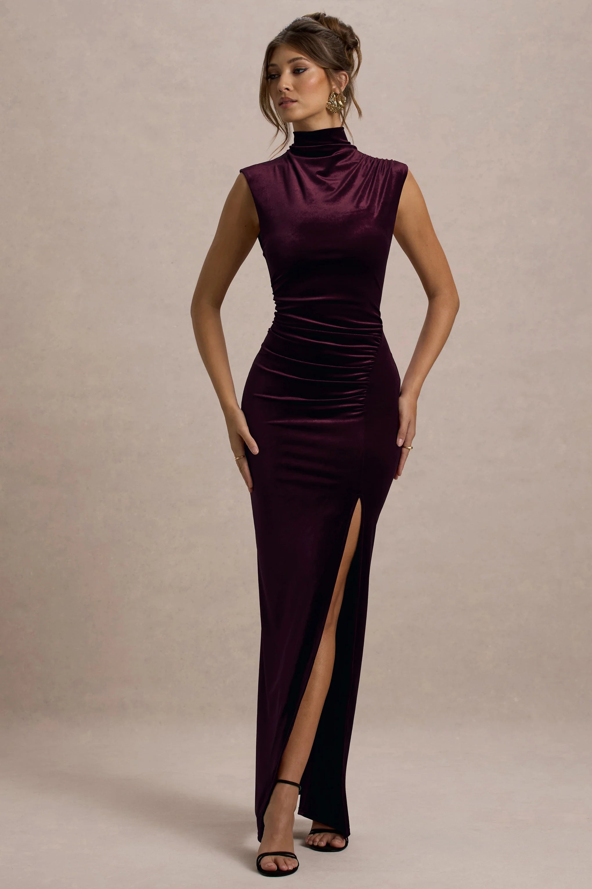 Abilene Port Velvet High Neck Split Maxi Dress