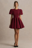Emelia Burgundy Puff Sleeve Skater Mini Dress