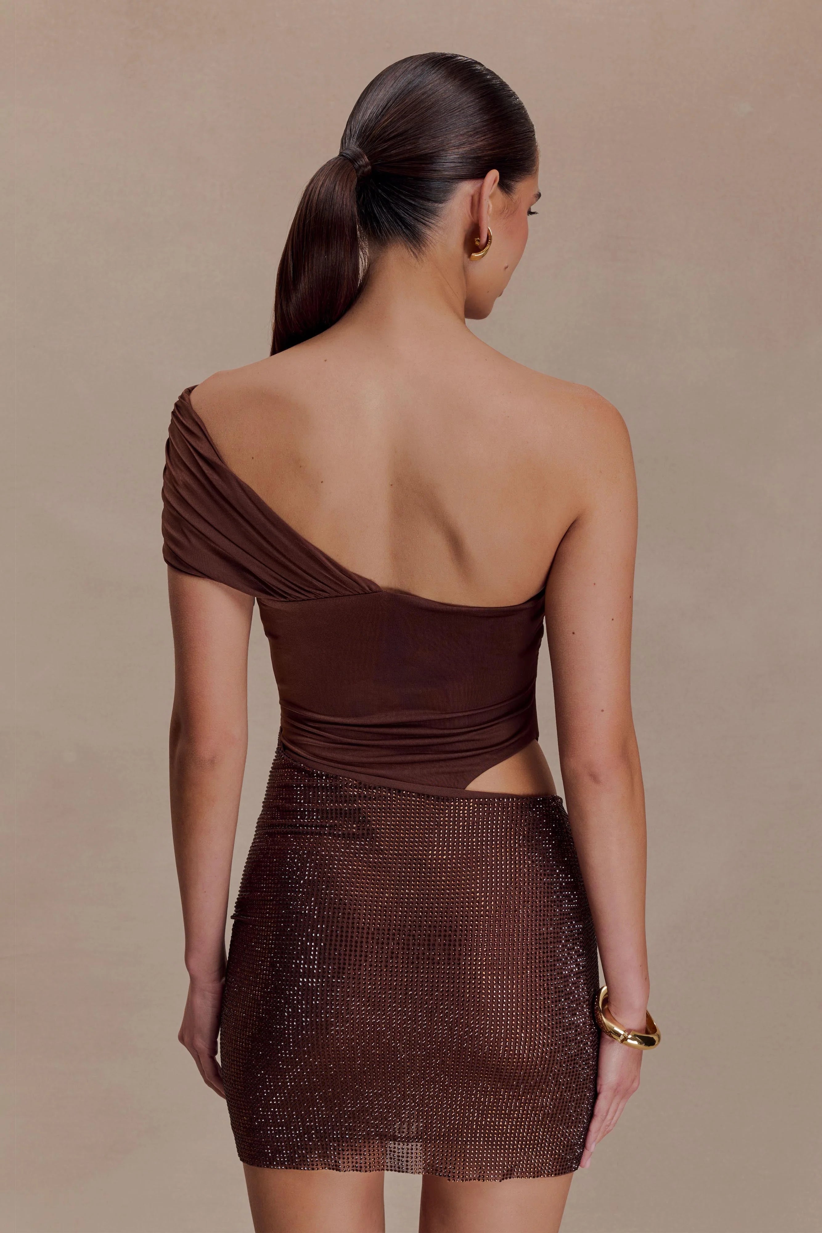 Paisley Slinky And Diamante Mini Dress Chocolate