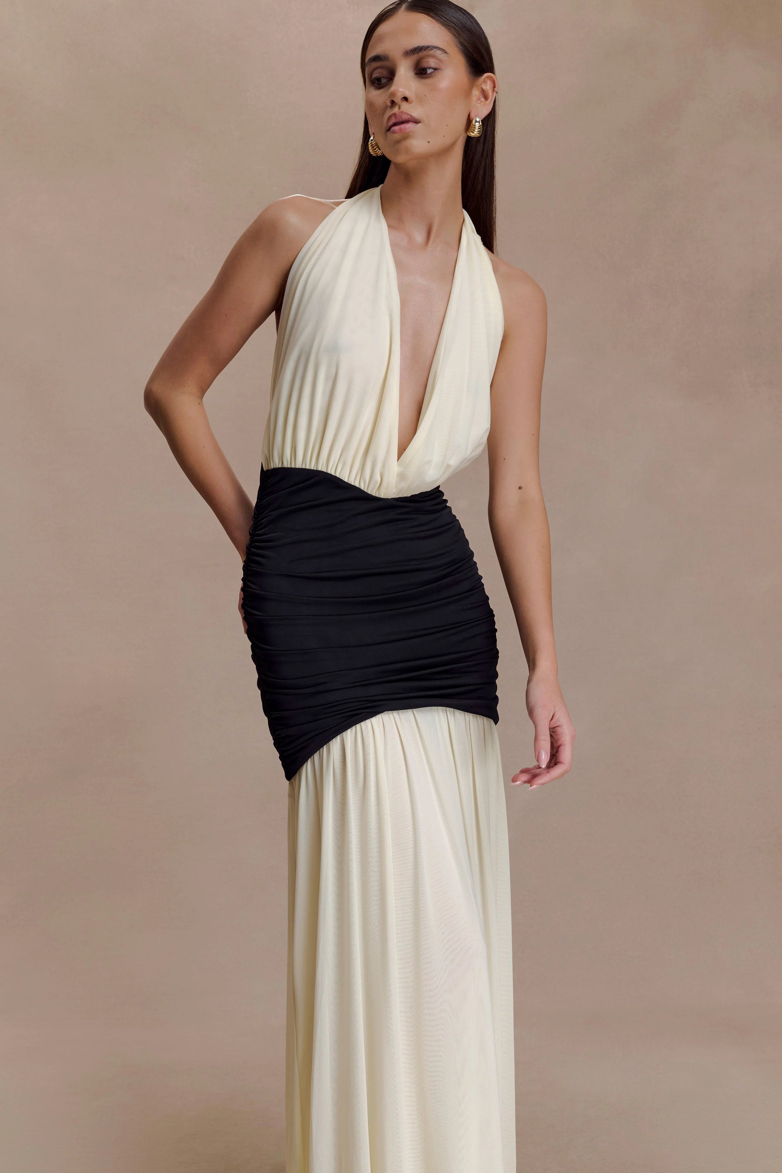 Hailee Slinky And Mesh Halter Maxi Dress Black White