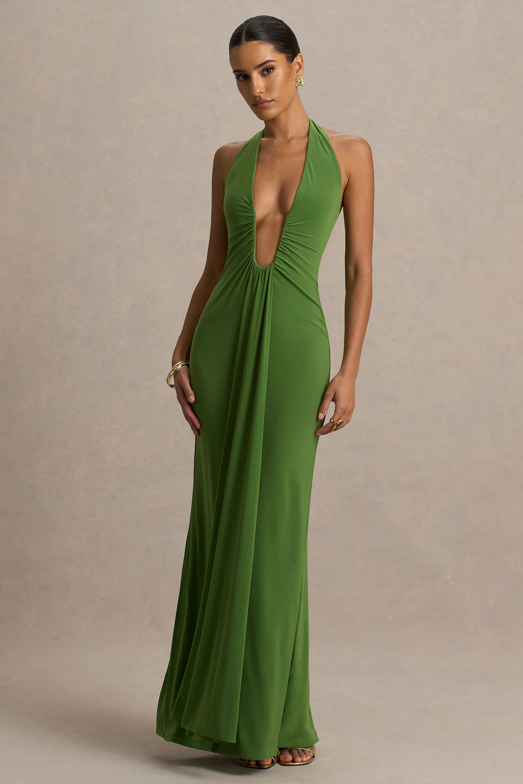 Hera Green Extreme Plunge Maxi Dress With Ruched Detail