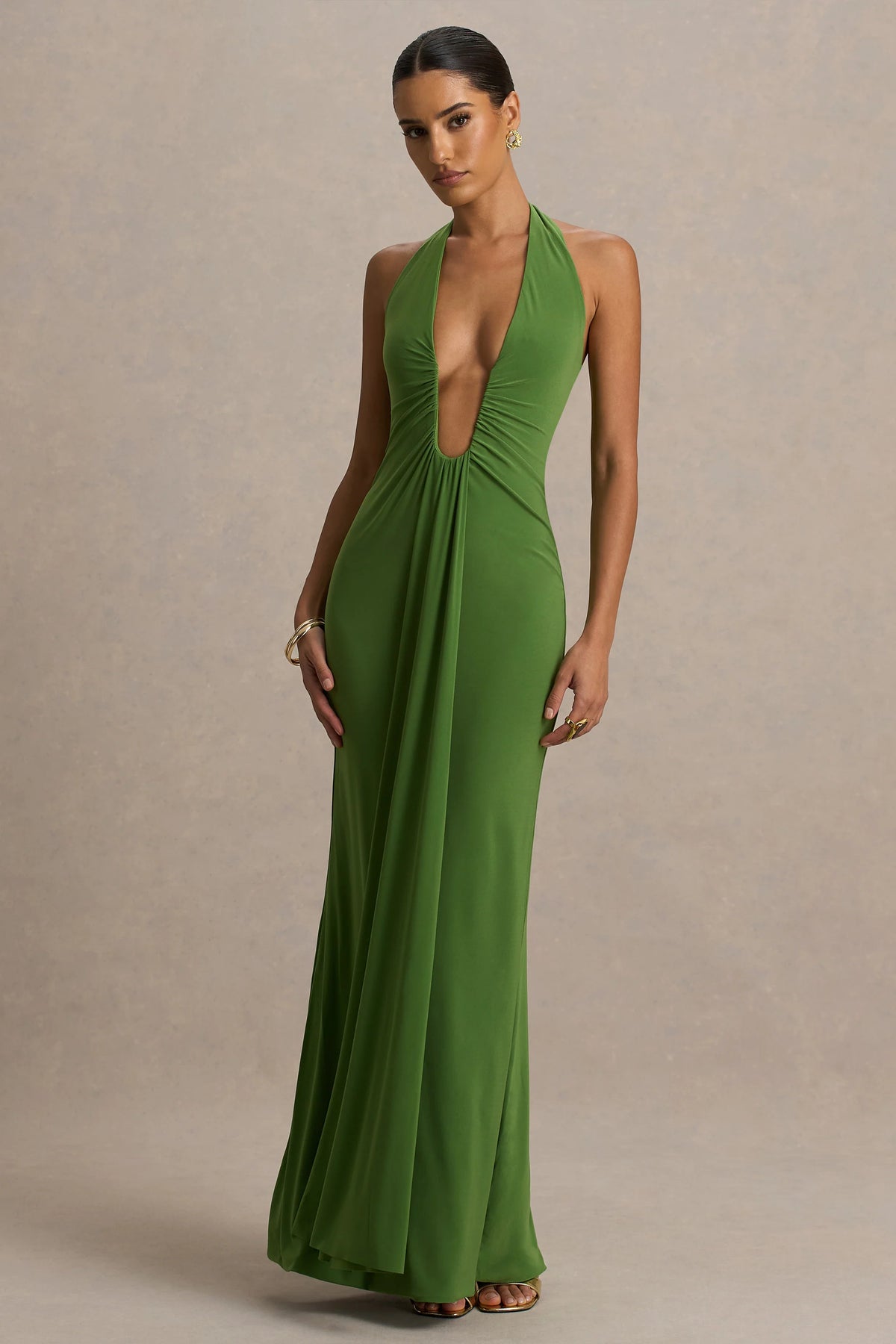 Hera Green Extreme Plunge Maxi Dress With Ruched Detail