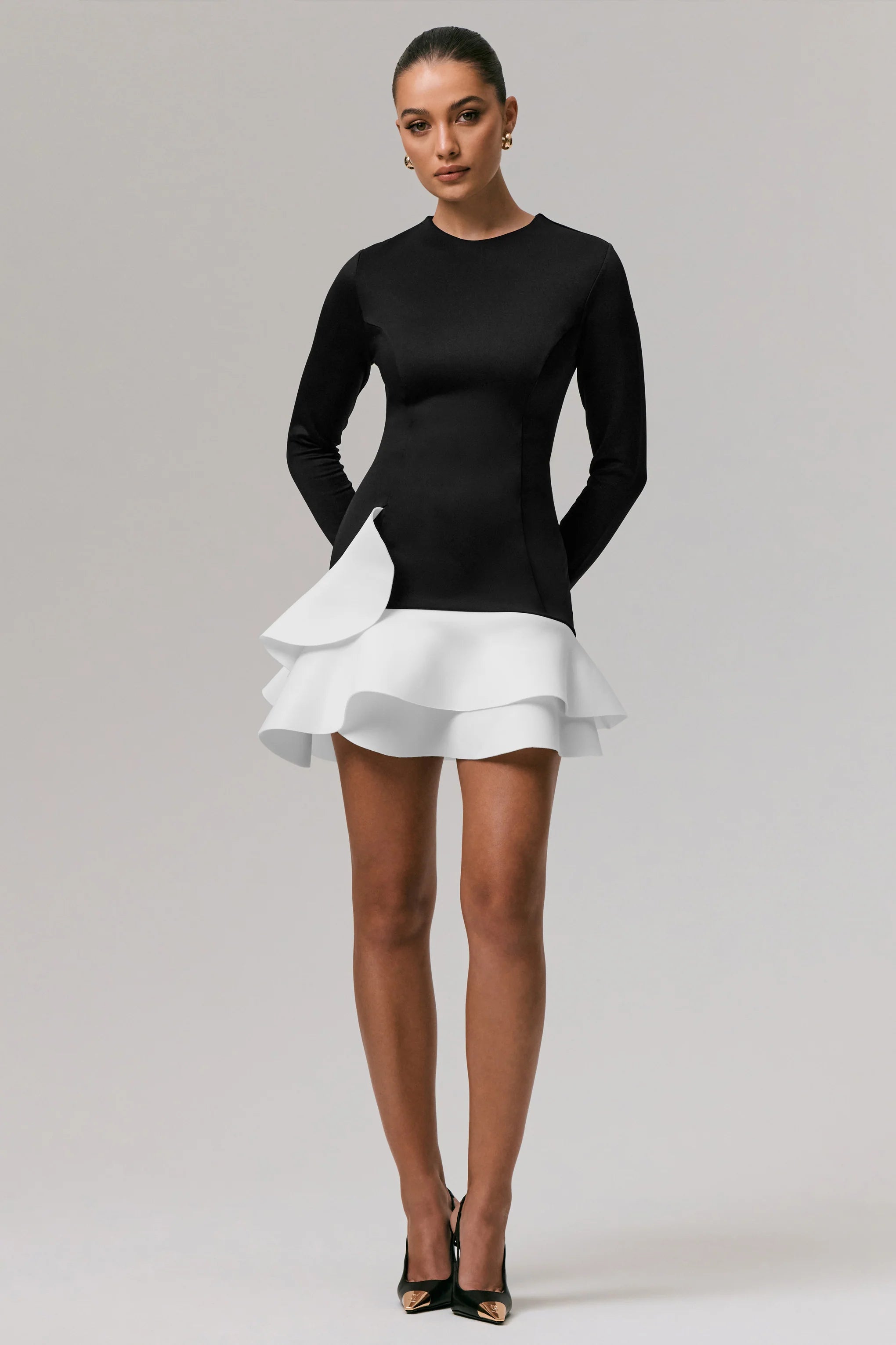 Lucinda Black White Long Sleeve Mini Dress With Ruffle Hem