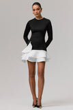 Lucinda Black White Long Sleeve Mini Dress With Ruffle Hem