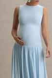 Outline Powder Blue Crew Neck Maternity Maxi Dress With Pleated Skirt