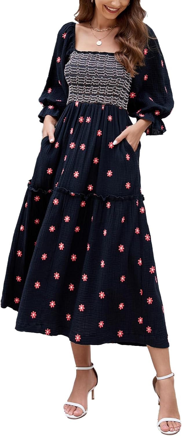 Women Floral Embroidered Maxi Dress Long Puff Sleeve Square Neck Bohemian Flowy Dress with Pockets Summer Fall