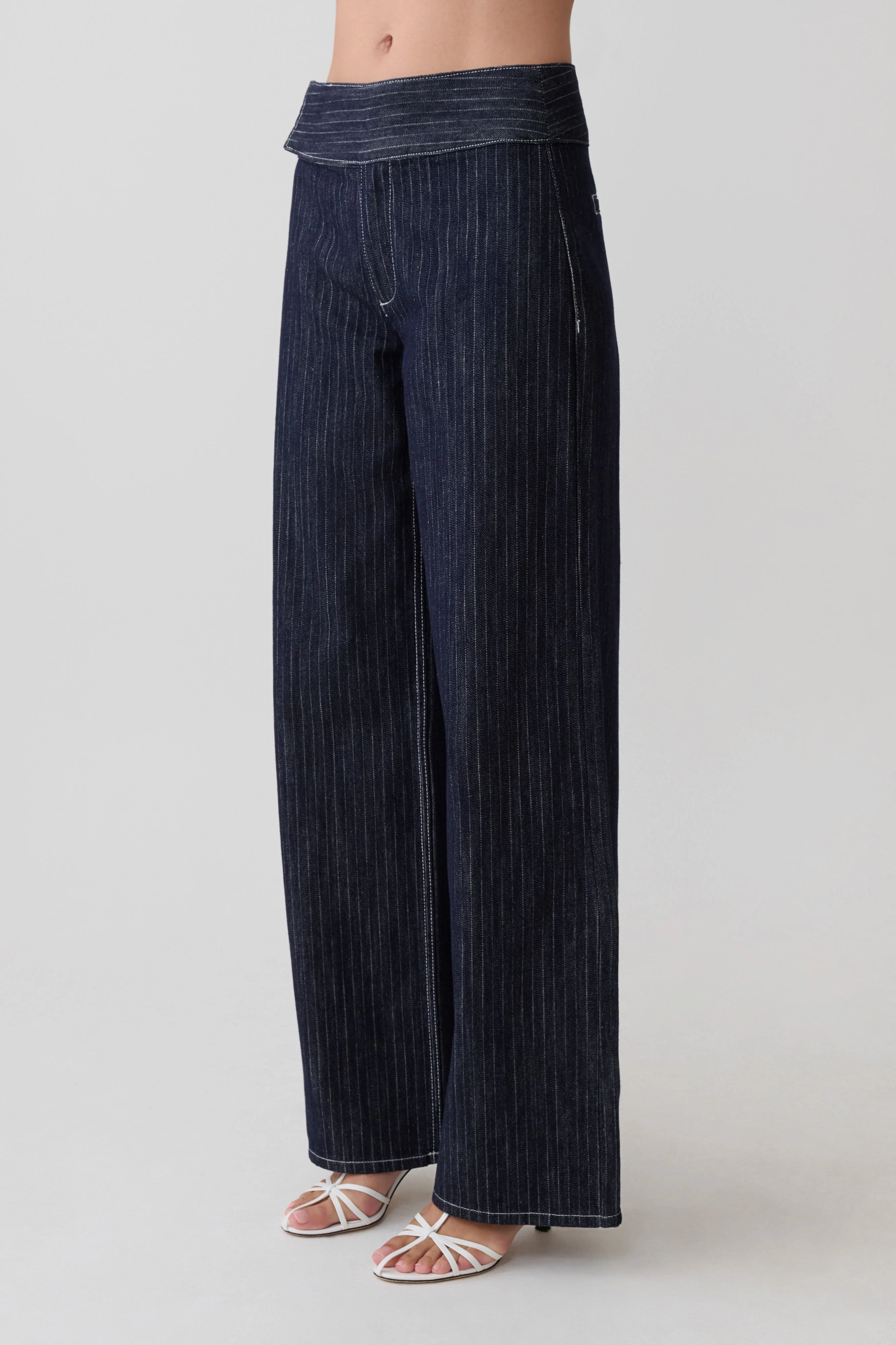 Sienna Flare Mid Rise Denim Jeans Indigo Pinstripe