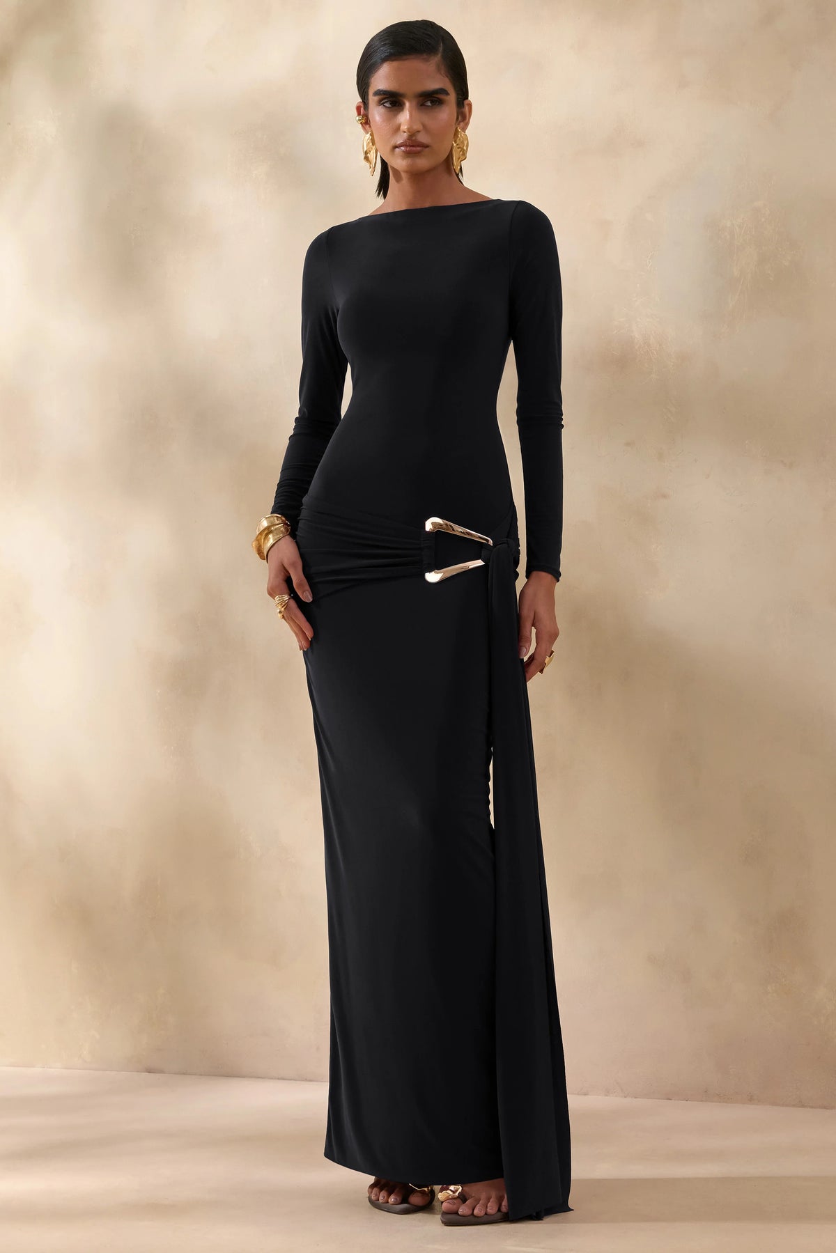 Astrielle Black Wide Neck With Gold Detail And Sash
