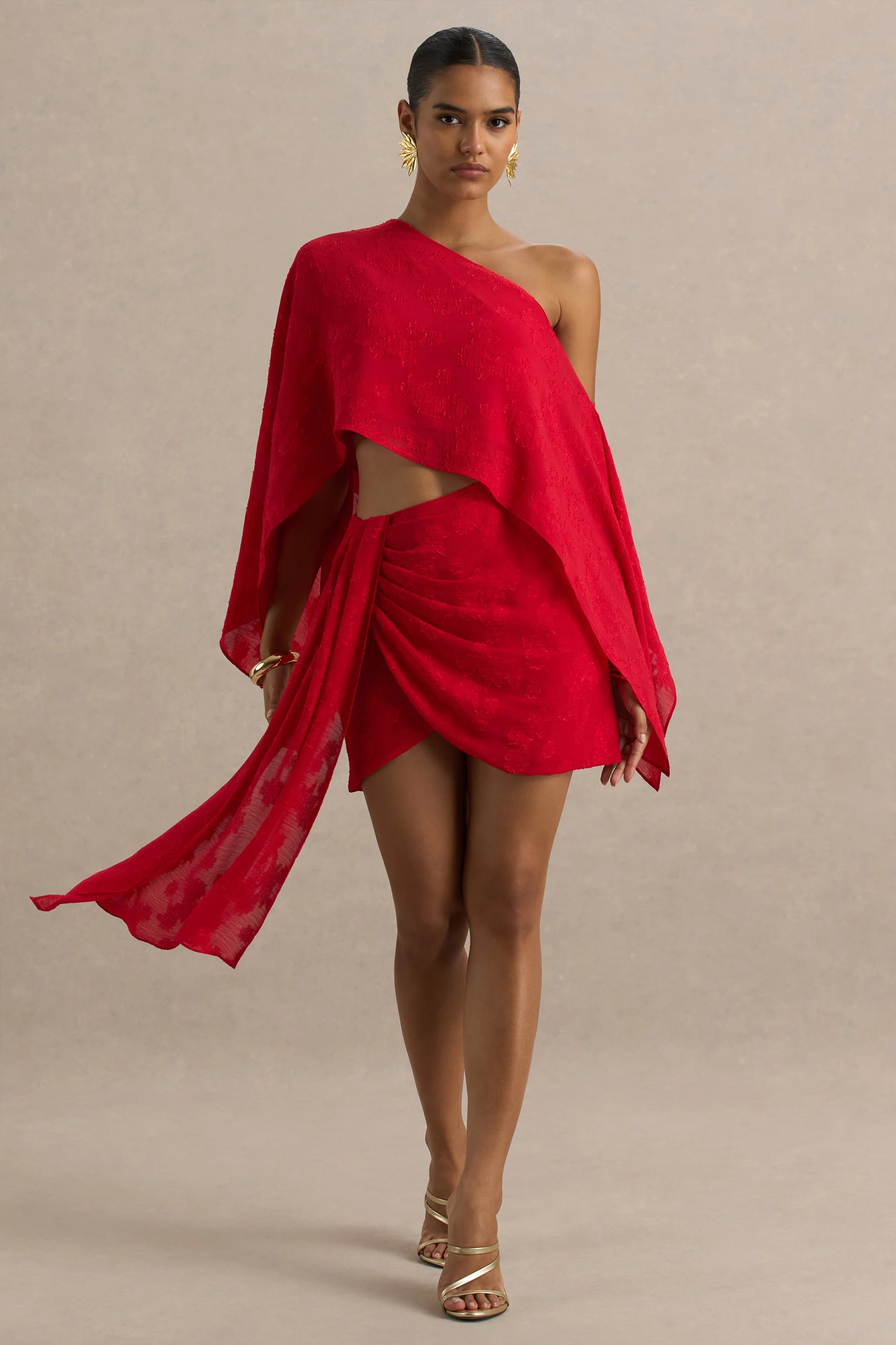Melania Red Satin Devore Wrap Mini Skirt With Sash Detail