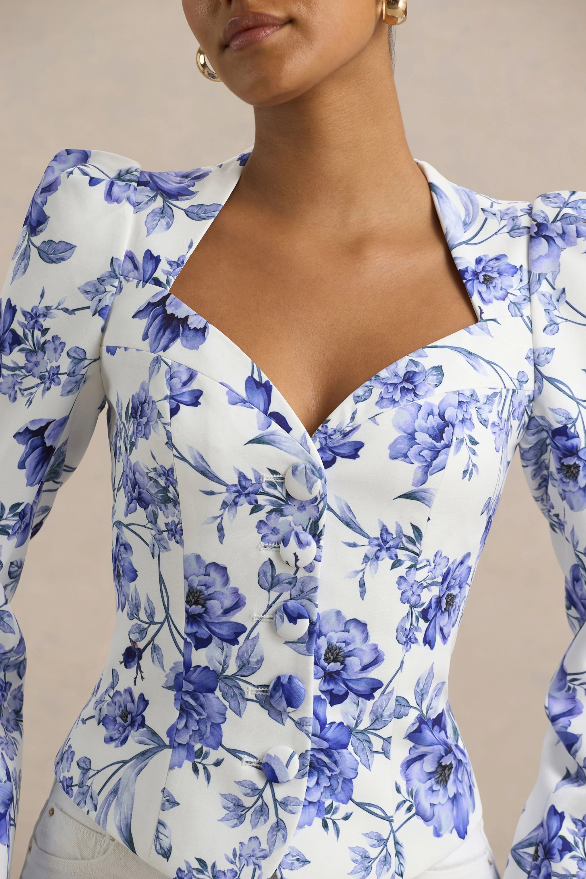 Olympia Blue Floral Print Sweetheart Neck Tailored Top