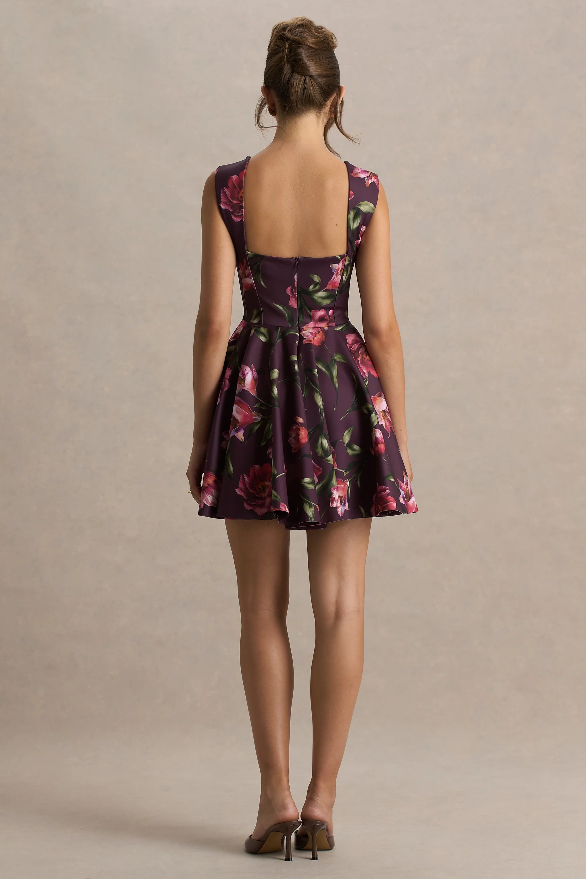 Magic Burgundy Floral Print Sweetheart Neck Mini Dress