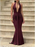 Women Deep V Neck Ruched Maxi Dress Sleeveless Halter Gown Cocktail Evening Formal Dresses