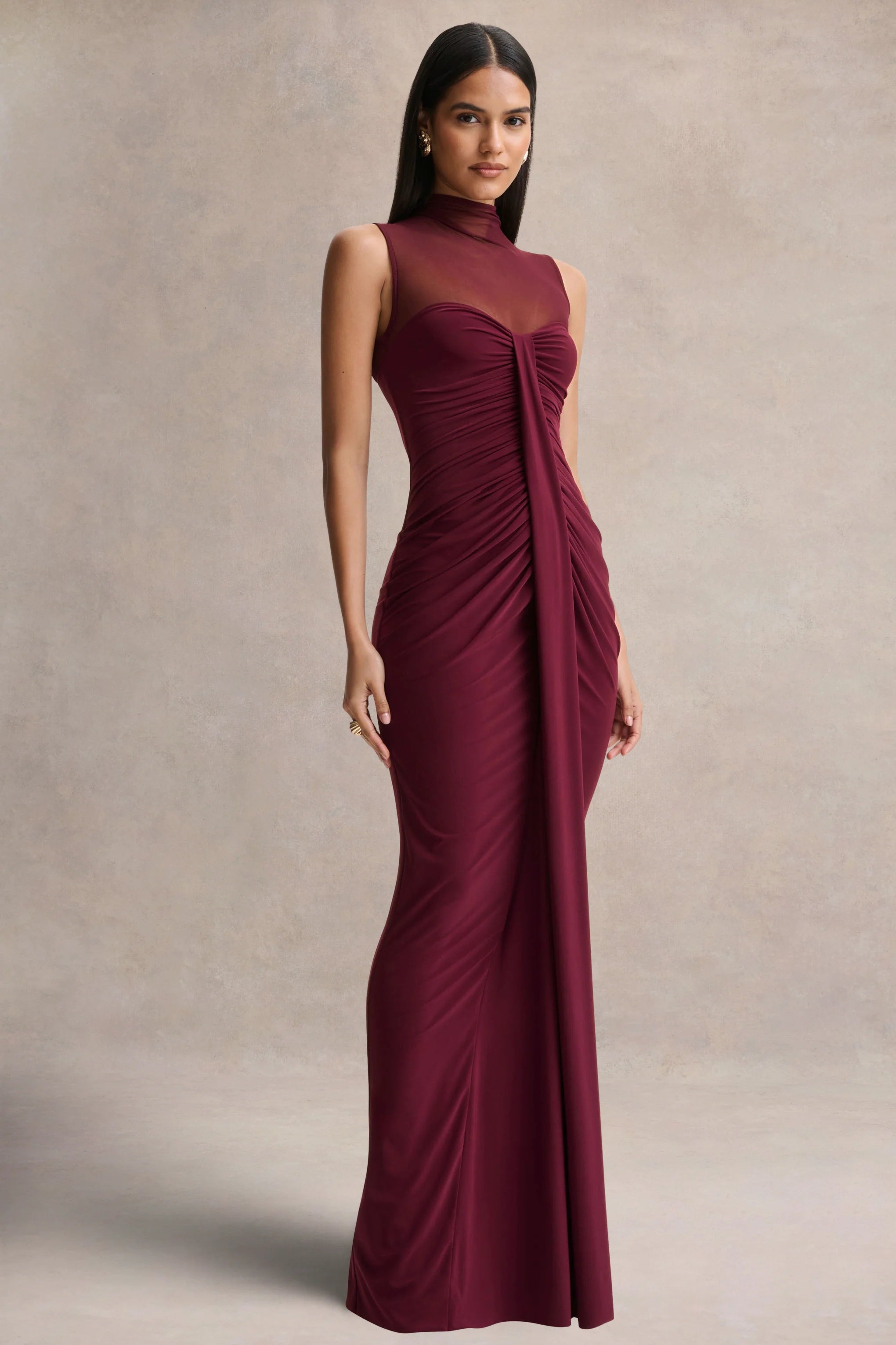 Brialle Burgundy High Neck Maxi Dress With Mesh And Gathered Detailing