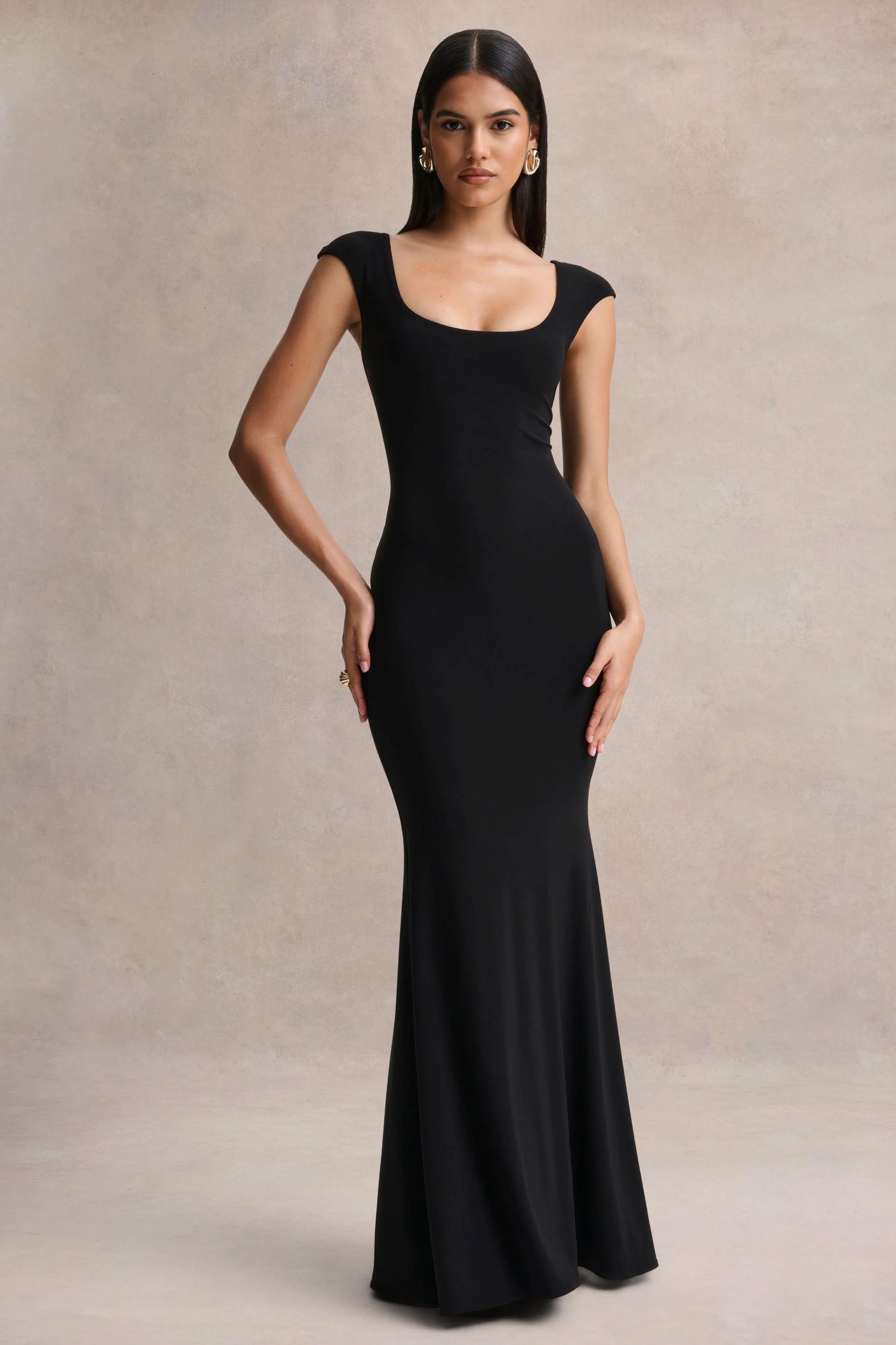 Piper Black Square Neck Maxi Dress With Cap Sleeves