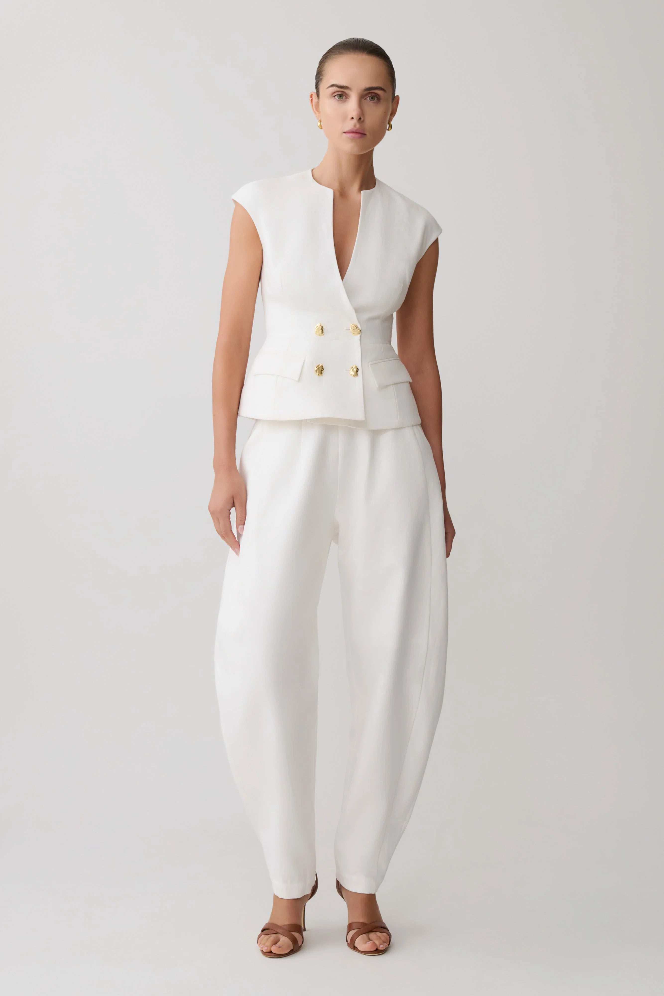 Oriana Linen Button Vest White