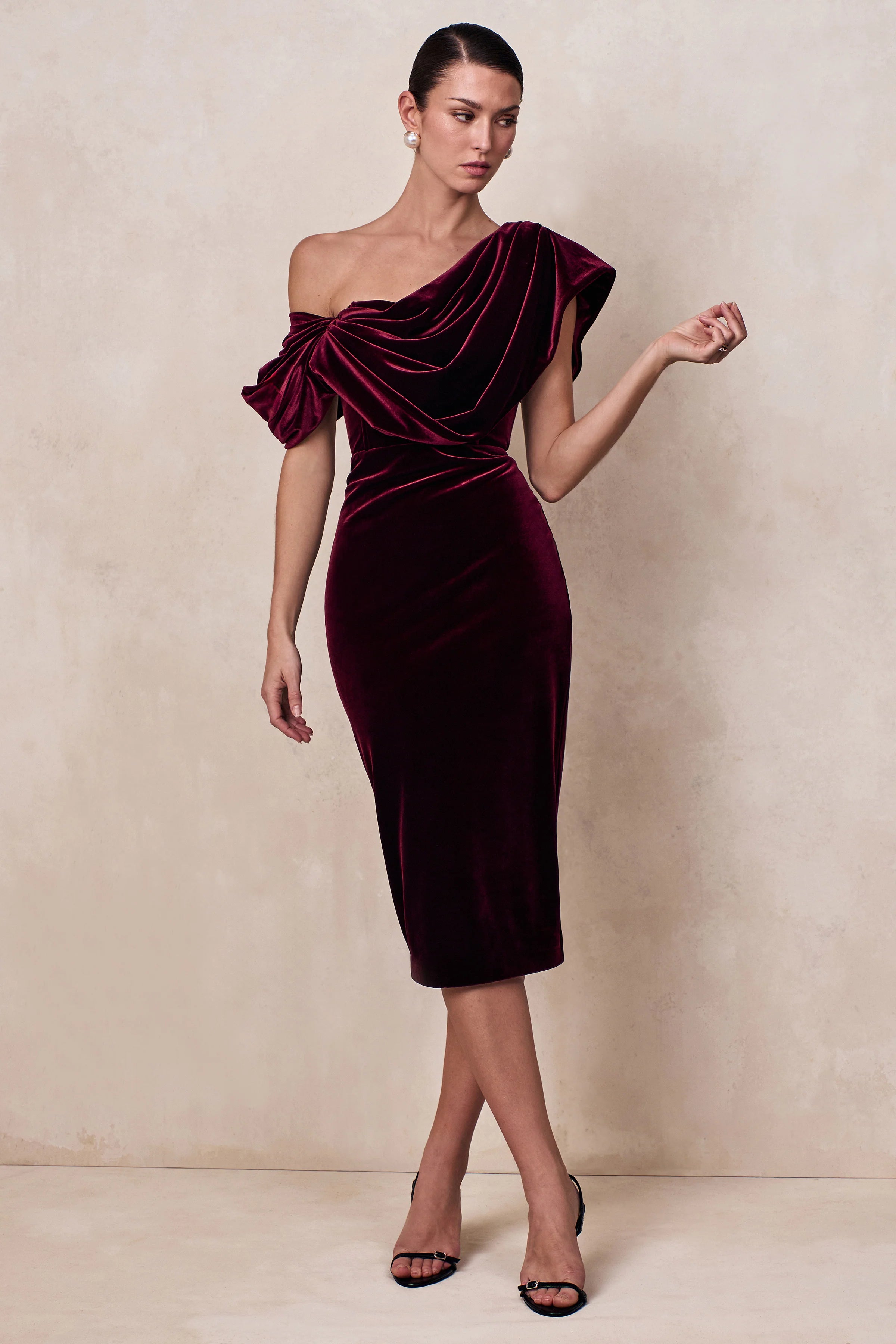 High End Burgundy Velvet Asymmetric Neck Midi Dress With Draped Detailing