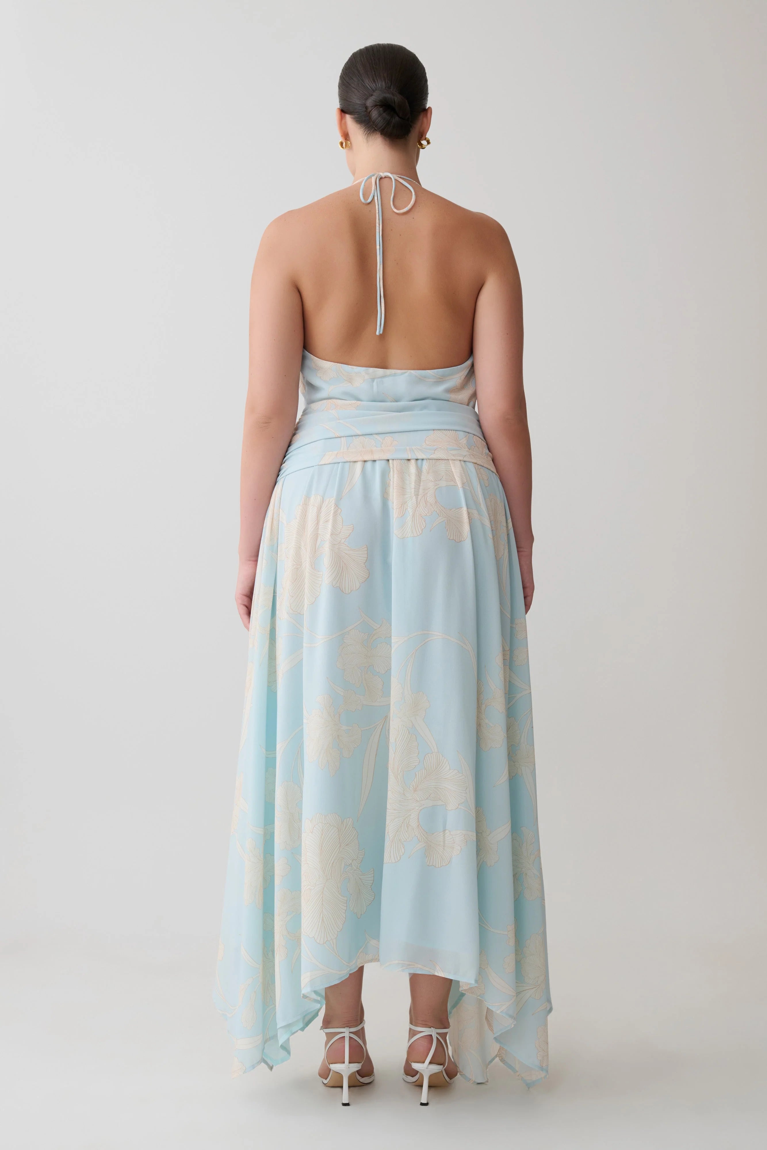 Cyra Plunge Chiffon Midi Dress Blue Floral Print