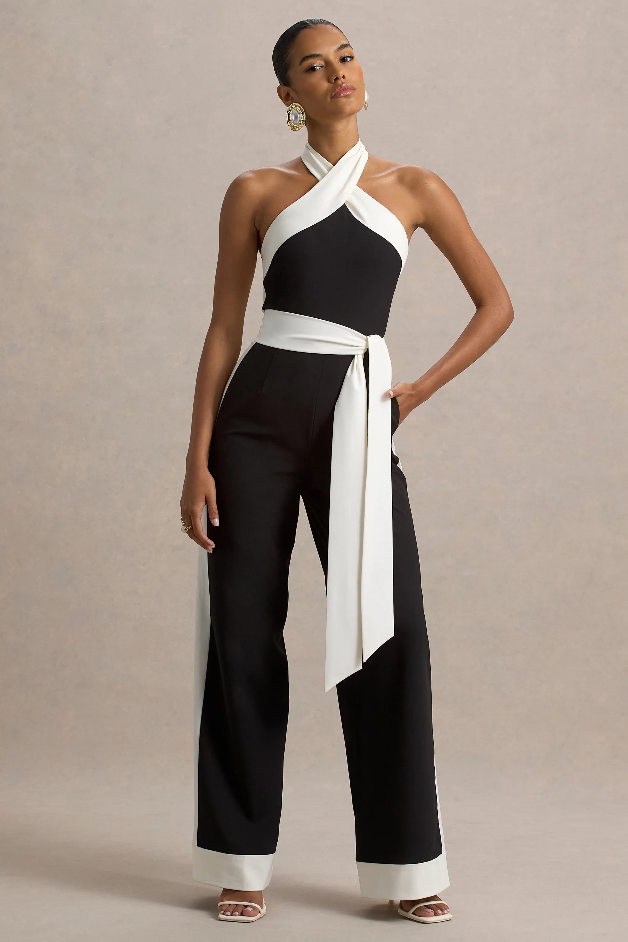 Caterina Black White Halter Neck Wide Leg Jumpsuit