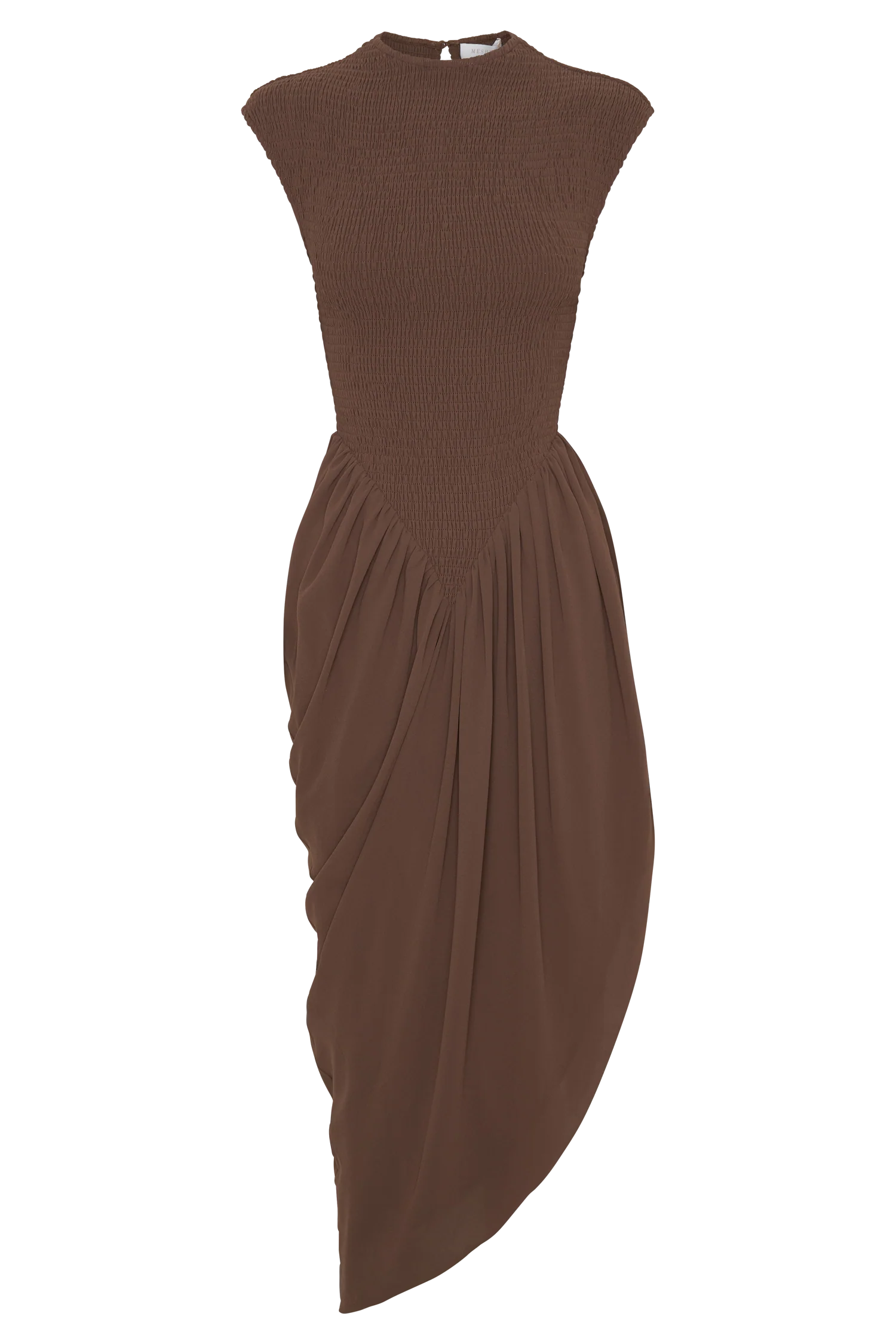 Nola Shirred Asymmetric Midi Dress Mocha
