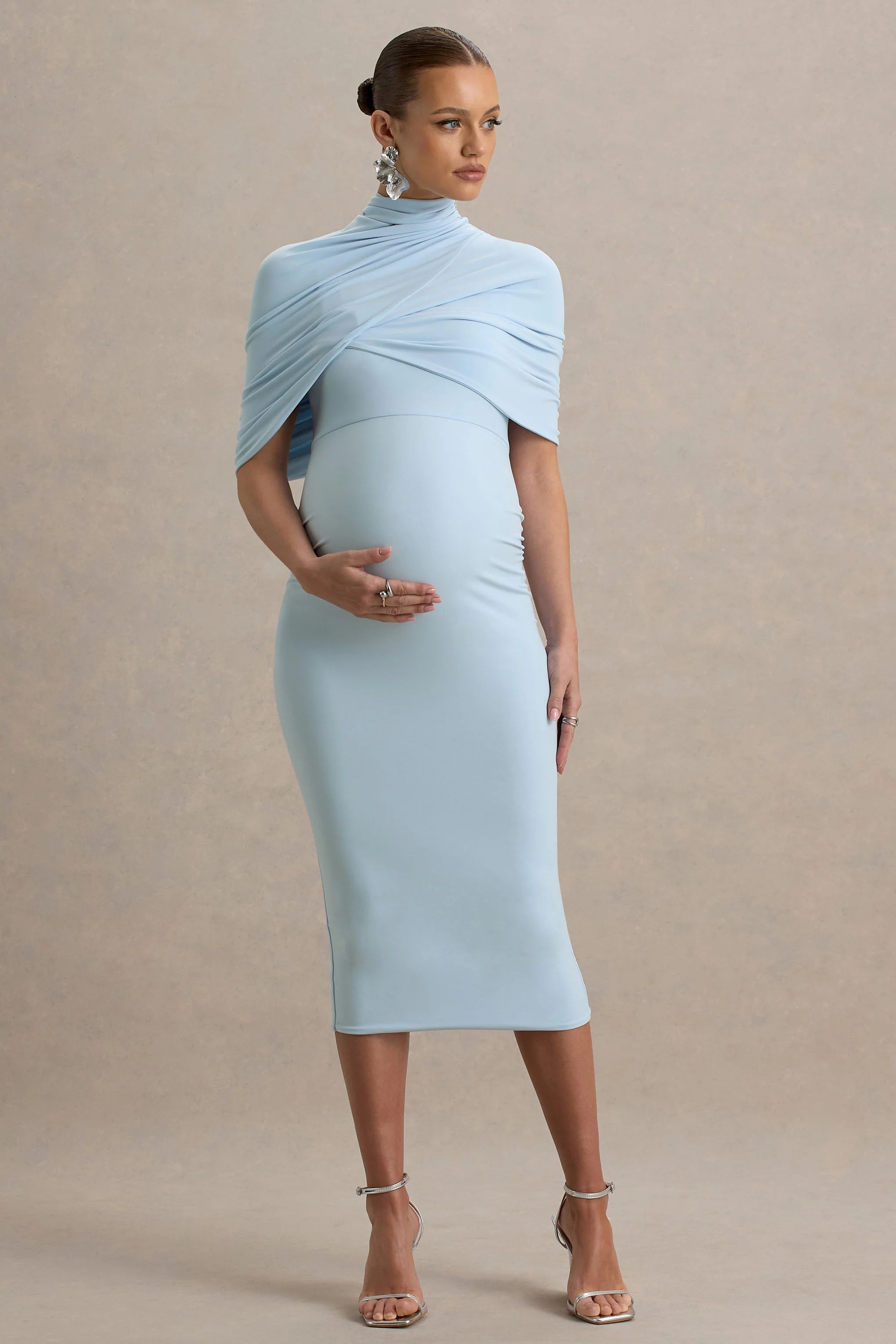 Augustina Powder Blue Maternity Midi Dress With Cape