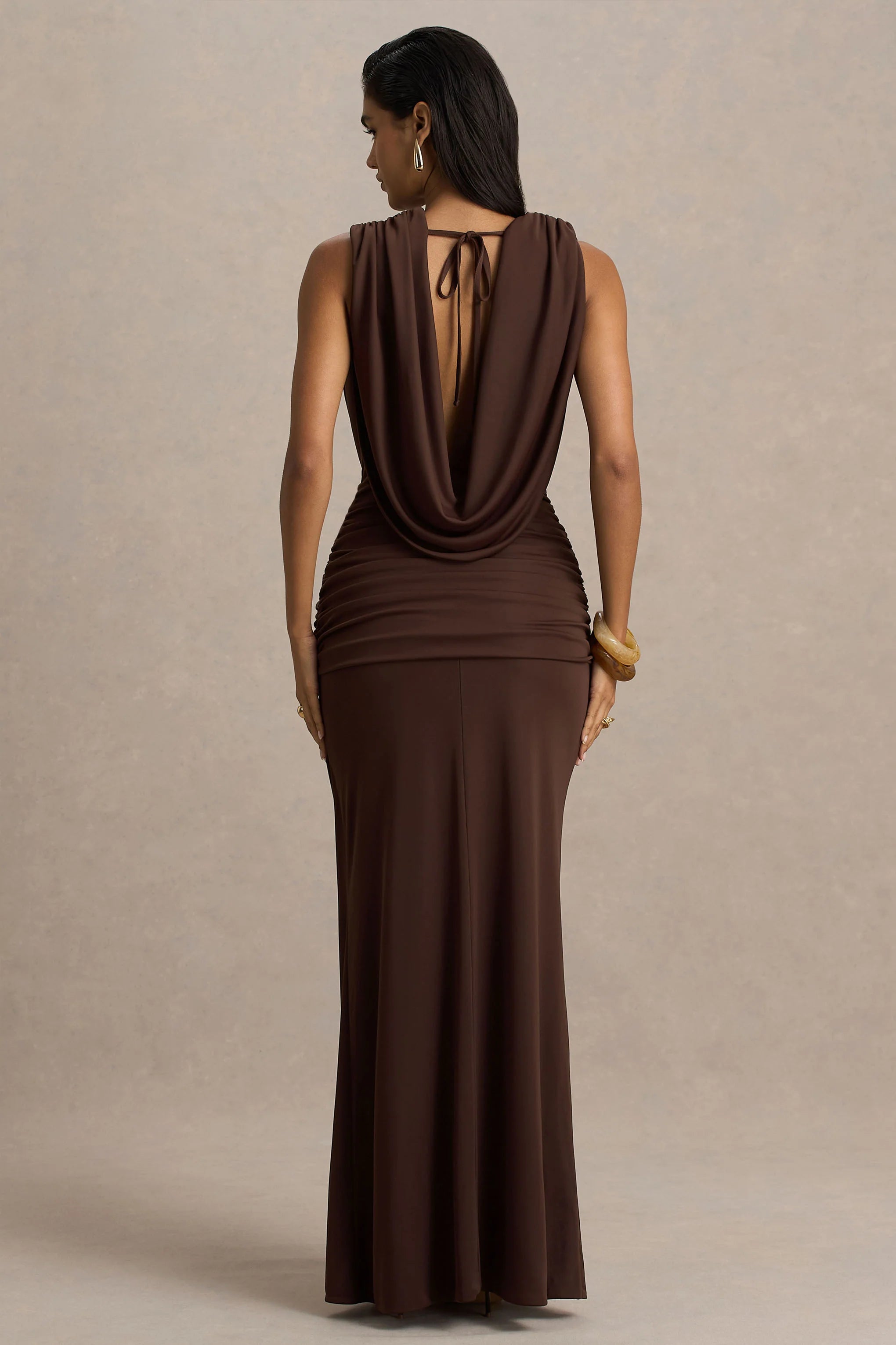 Serafina Chocolate Extreme Plunge Neck Maxi Dress With Wrap And Ruched Details