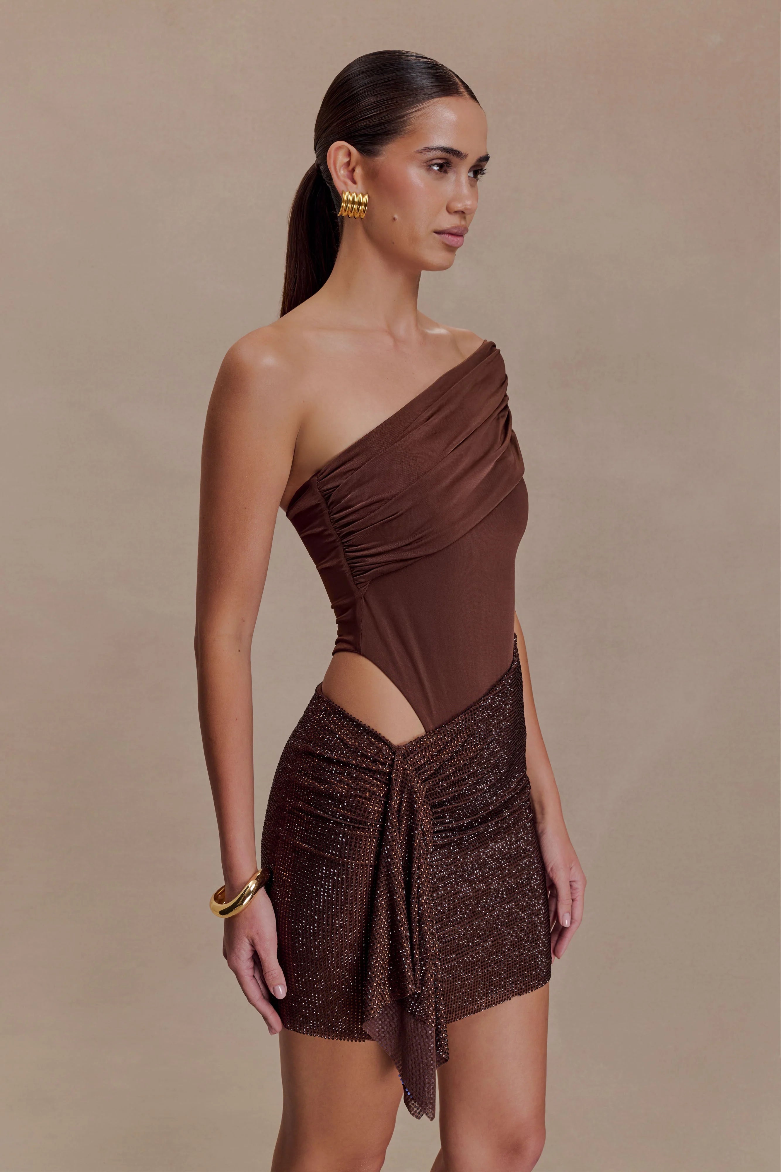 Paisley Slinky And Diamante Mini Dress Chocolate