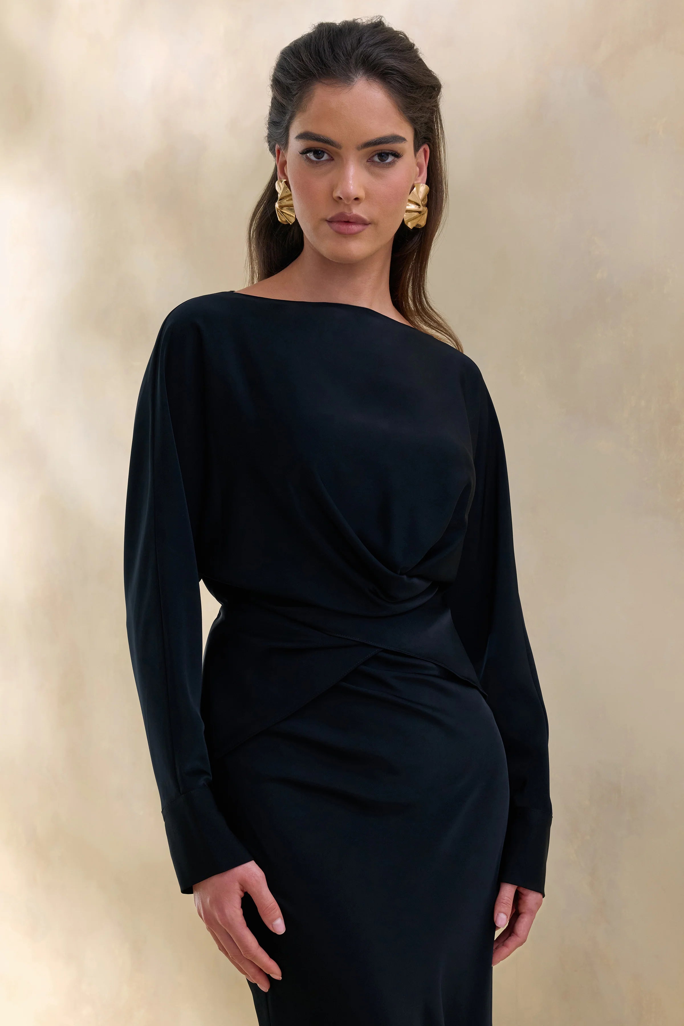 Miravia Black Satin Wide Neck Long Sleeve Top