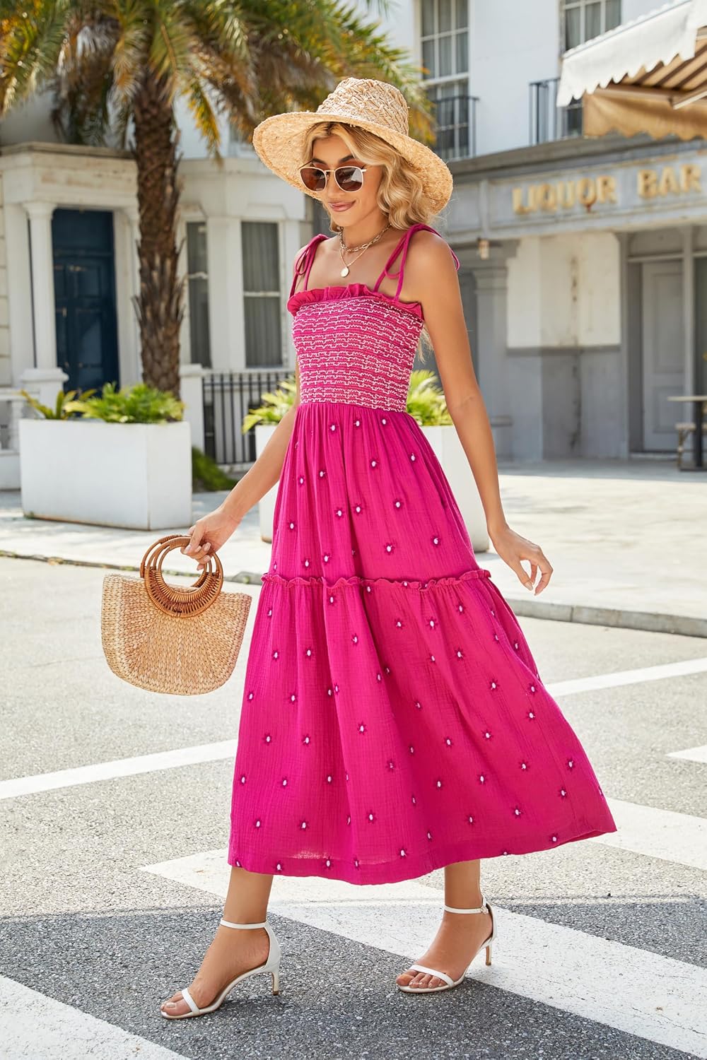 Women Floral Embroidered Maxi Dress Sleeveless Tie Shoulder Smocked Flowy Dress Boho Summer Sundresses with Pockets